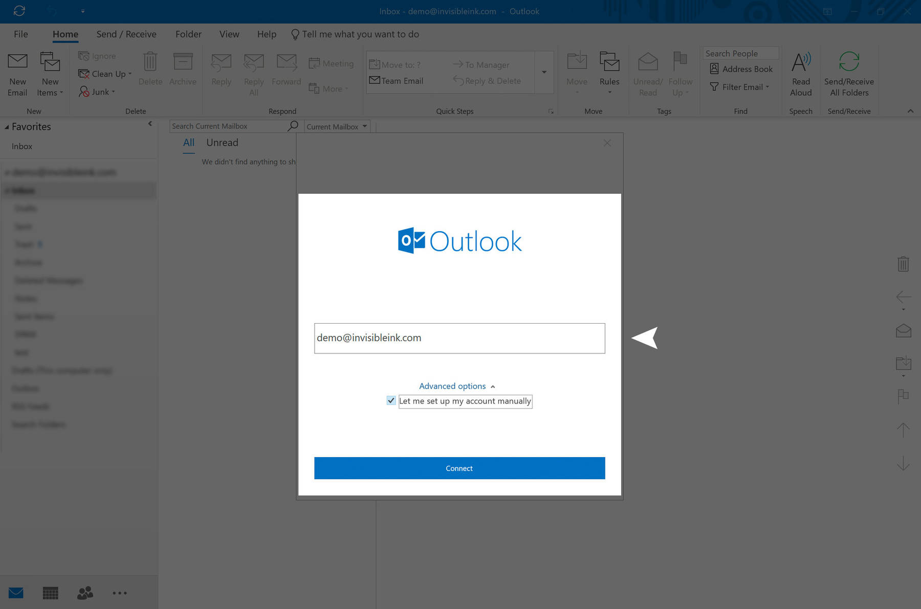 Step 2: Enter your email address and click Advanced Options. Select "Let me set up my account manually", then click Connect.