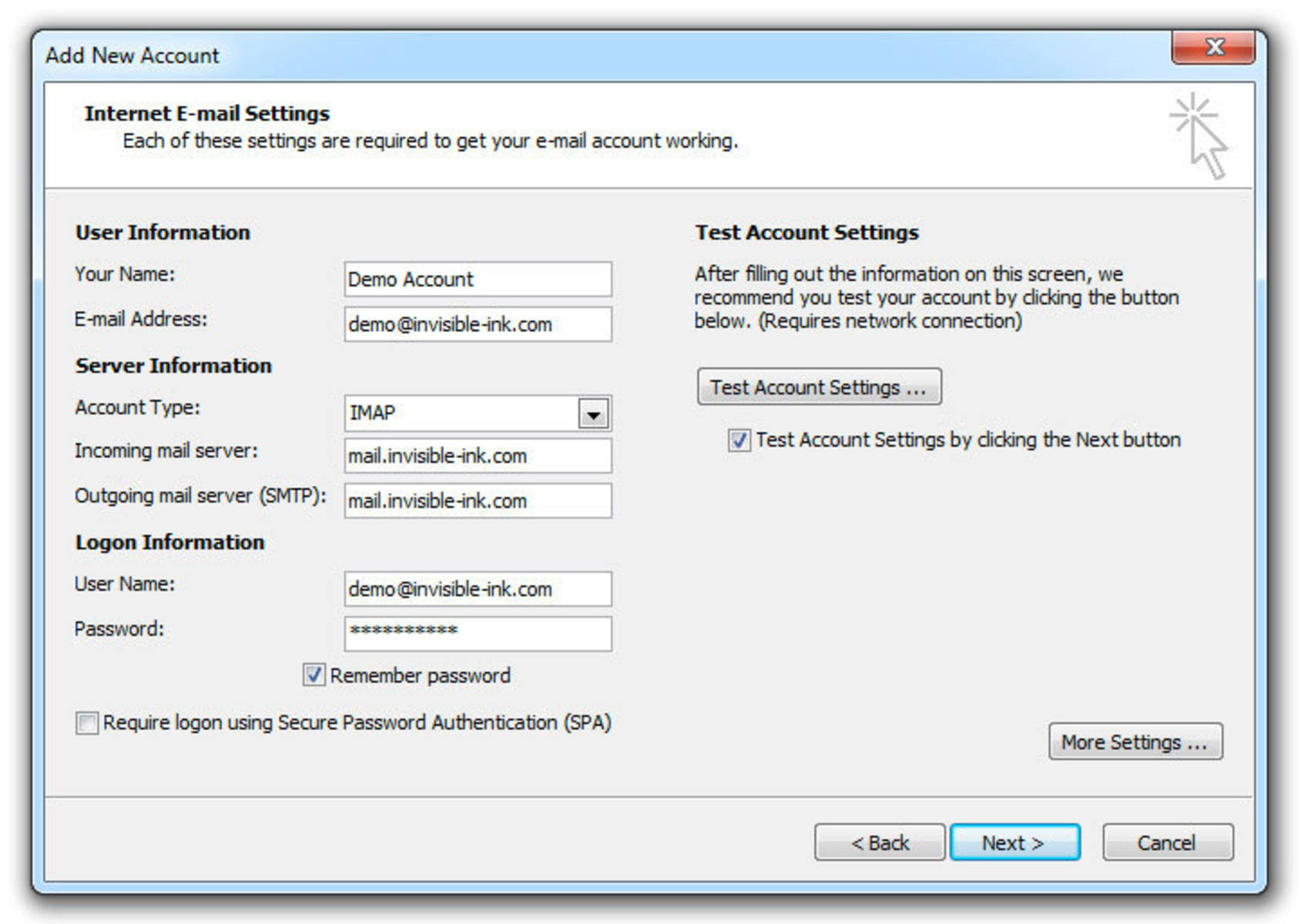 Step 4 » Select IMAP Account Type & enter your email settings. Server Address: mail.yourdomain.com / User Name: you@yourdomain.com