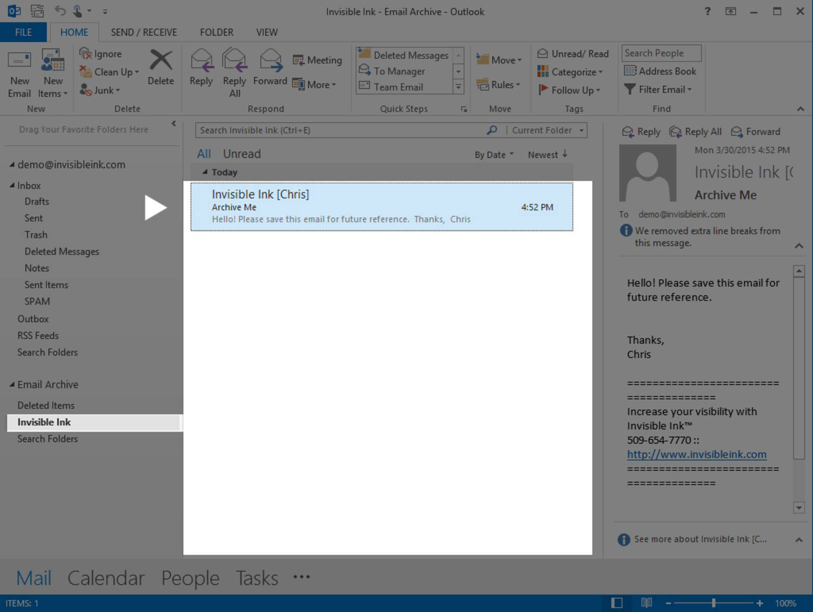 Step 7 » Select your new archive folder to make sure the message(s) were successfully removed from the server and placed into the local archive folder.