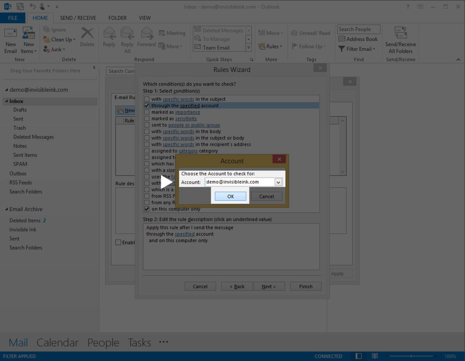 Part 1, Step 5: Make sure the correct account is selected in the drop-down menu, then click OK.