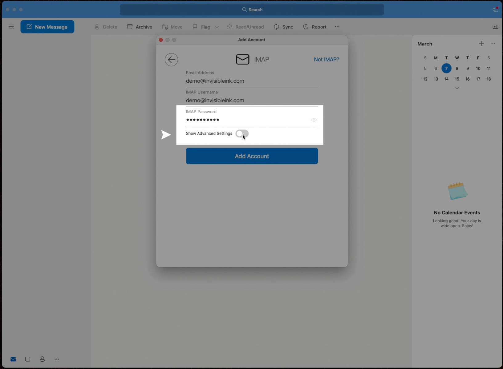 3) Enter your password, then click the Show Advanced Settings toggle button.