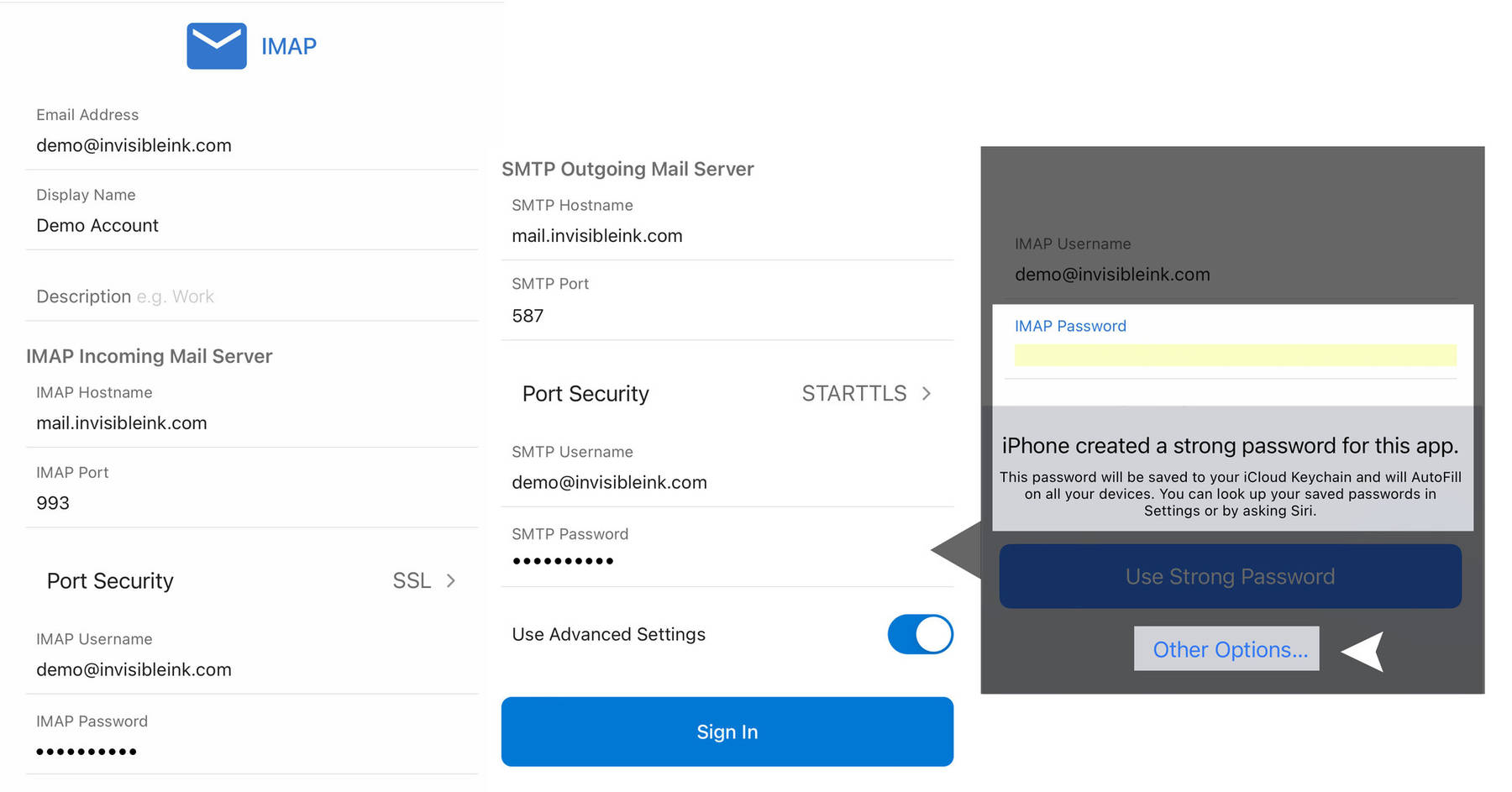 Step 4: Enter your mailbox settings as outlined, then tap Sign In. Note: If iOS tries to create a new password for you, select Other Options and Choose My Own Password.