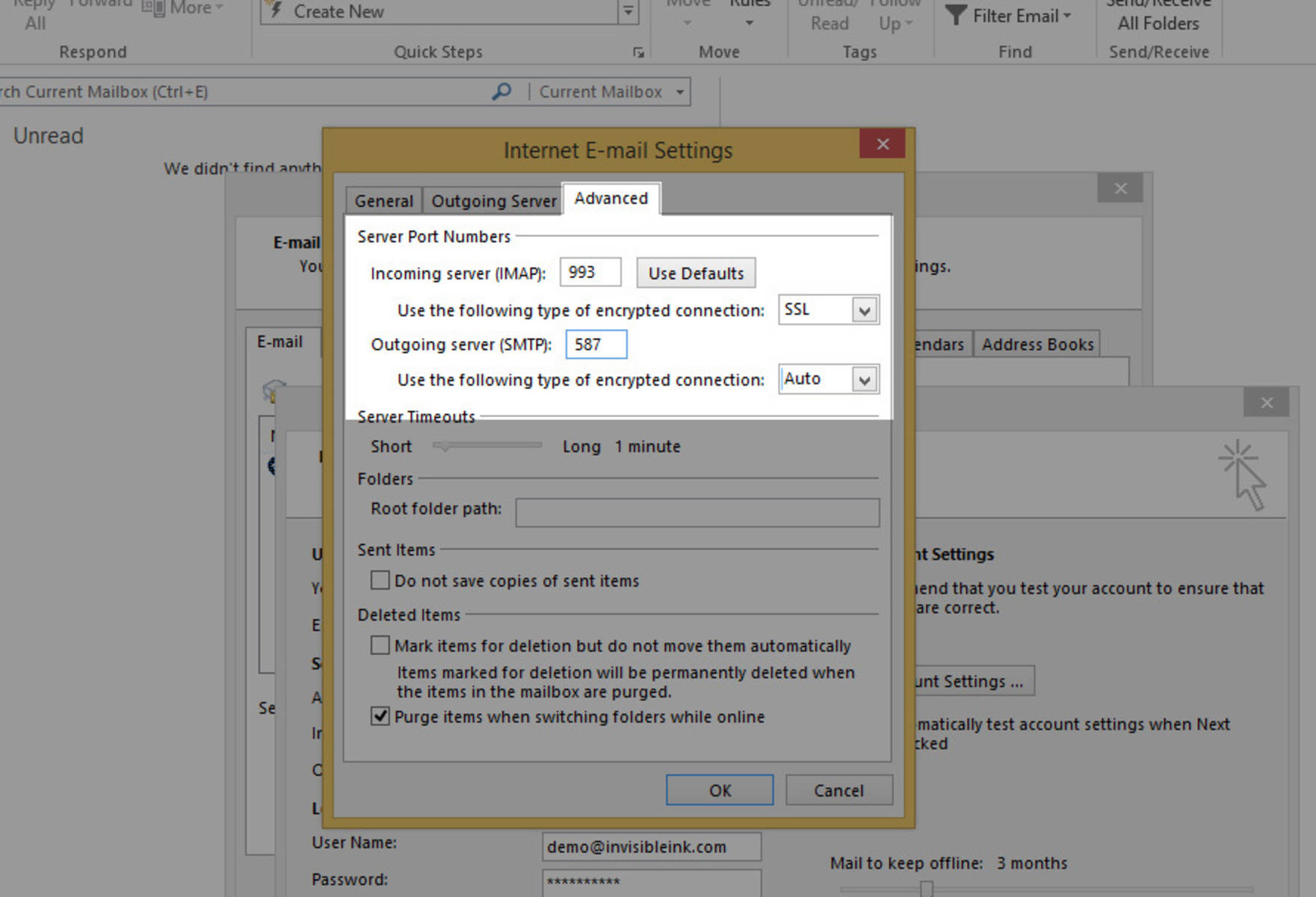 Step 6: From the Advanced tab, select SSL as the encryption type for the Incoming server, and select Auto for the Outgoing server. Change the Outgoing server port number to 587, then click OK to close the More Settings window.