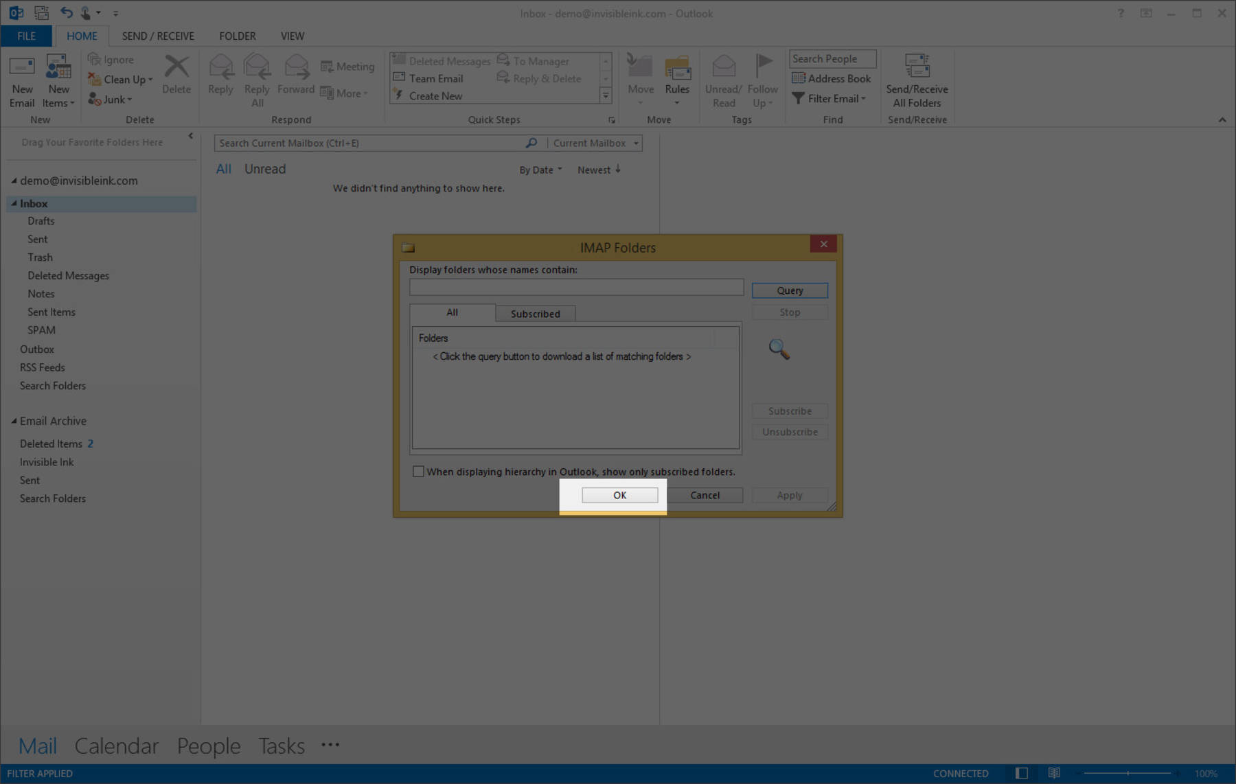 Step 3 » Click OK to close the IMAP folder dialog box