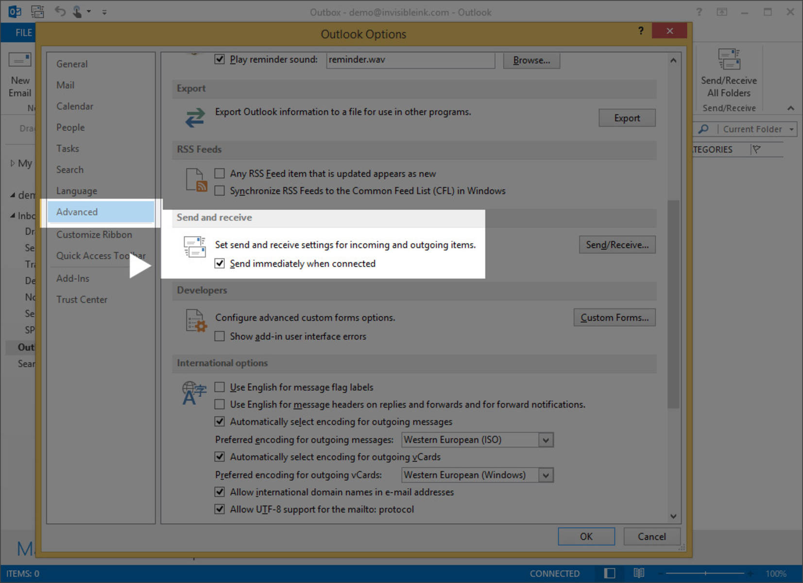 Step 4 » From the File menu, select Options and choose Advanced again. Locate the Send & Receive heading and check the box labeled "Send immediately when connected". Click OK to save changes and return to your Inbox.