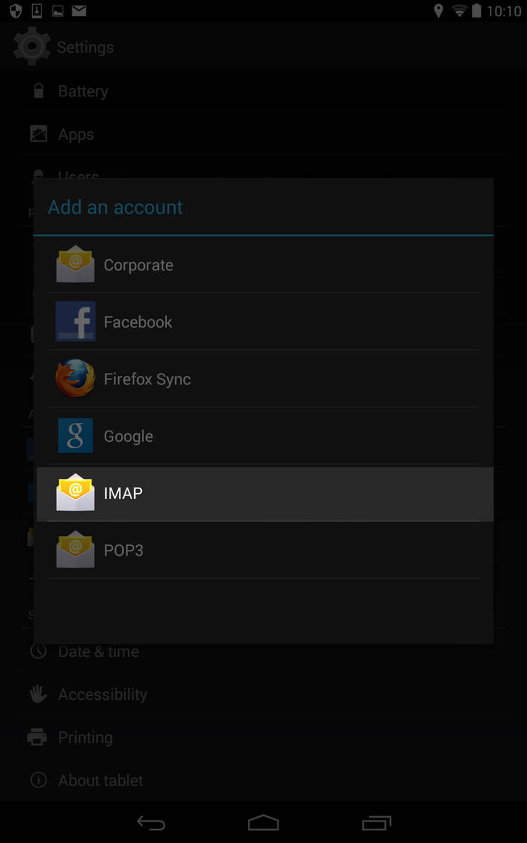 Step 3: Choose IMAP from the list of mail accounts.