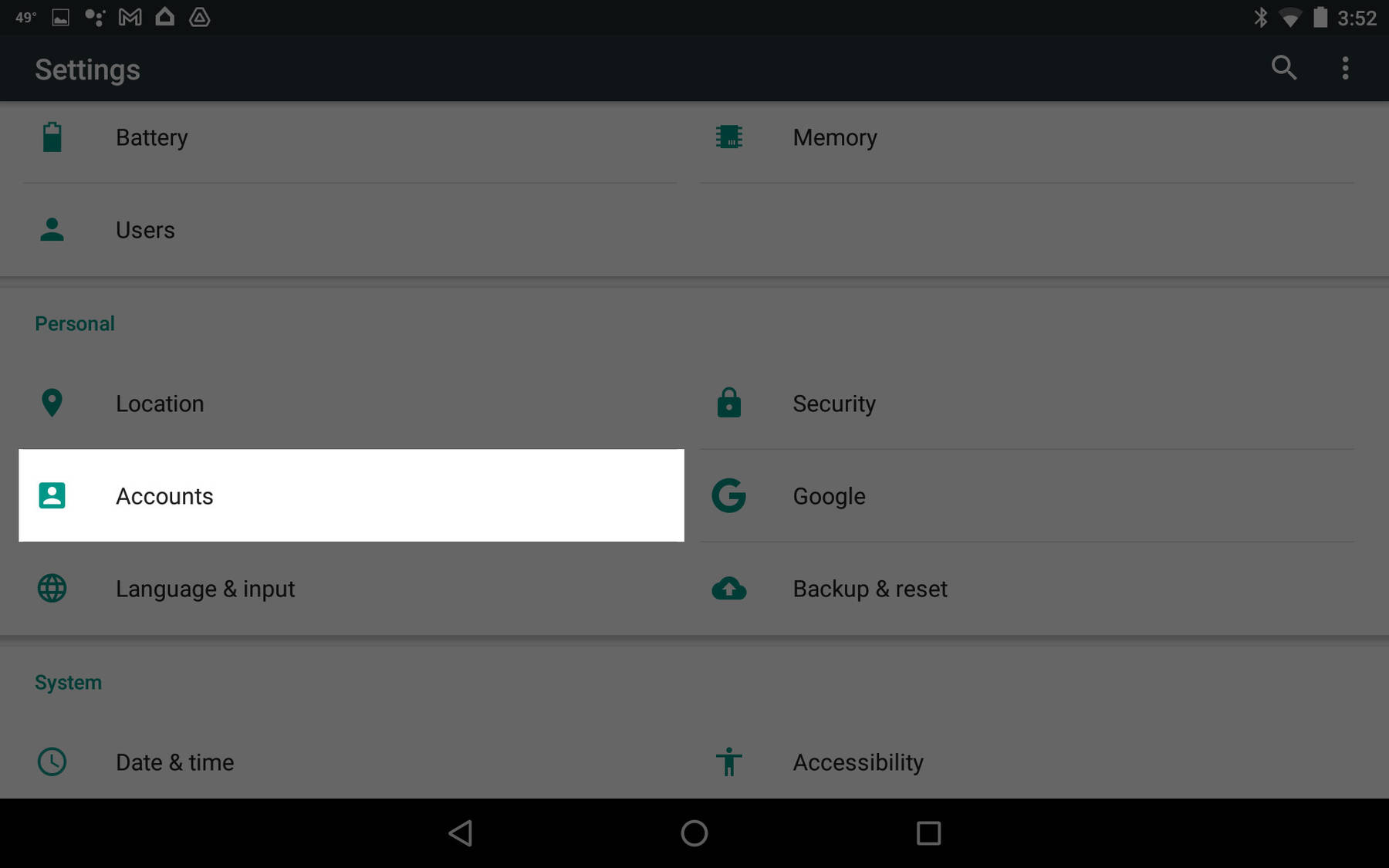 Select Accounts from the Settings menu