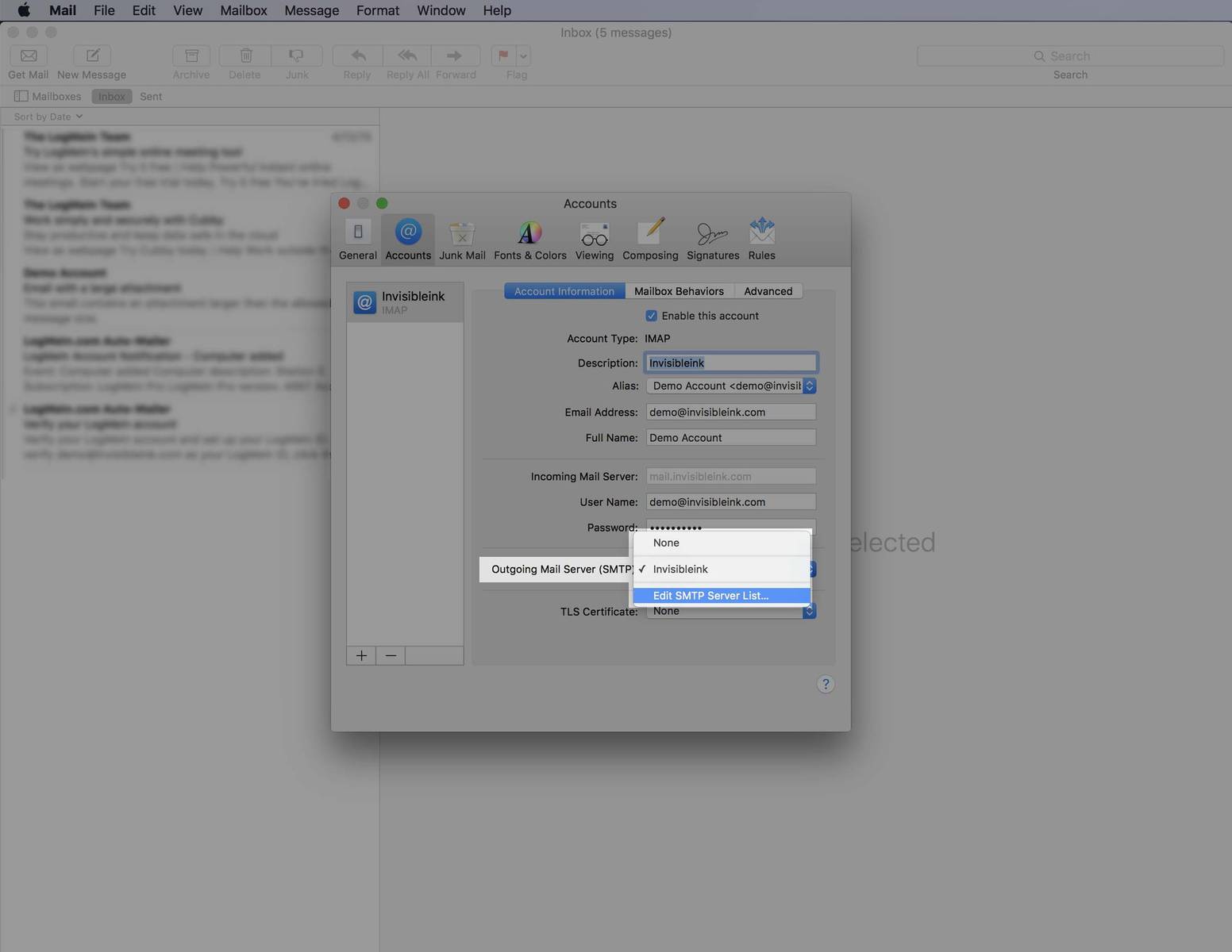 Step 7: Select "Edit SMTP Server List…" from the Outgoing Mail Server (SMTP) dropdown menu.