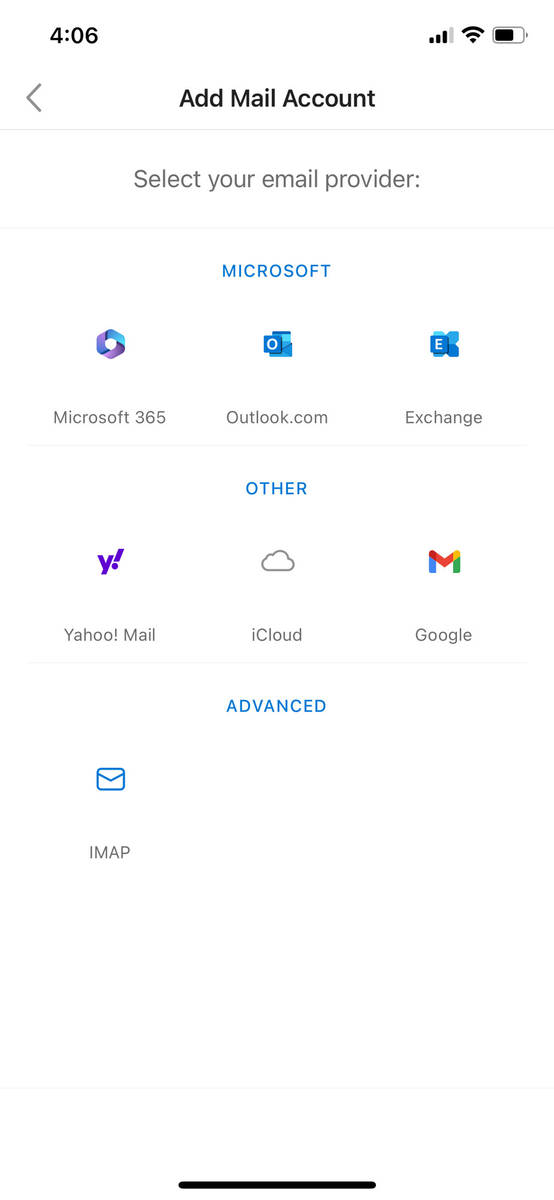 Step 3: If the "Select your email provider" screen appears, choose IMAP from the Advanced options. If you don't see this screen, proceed to Step 4.