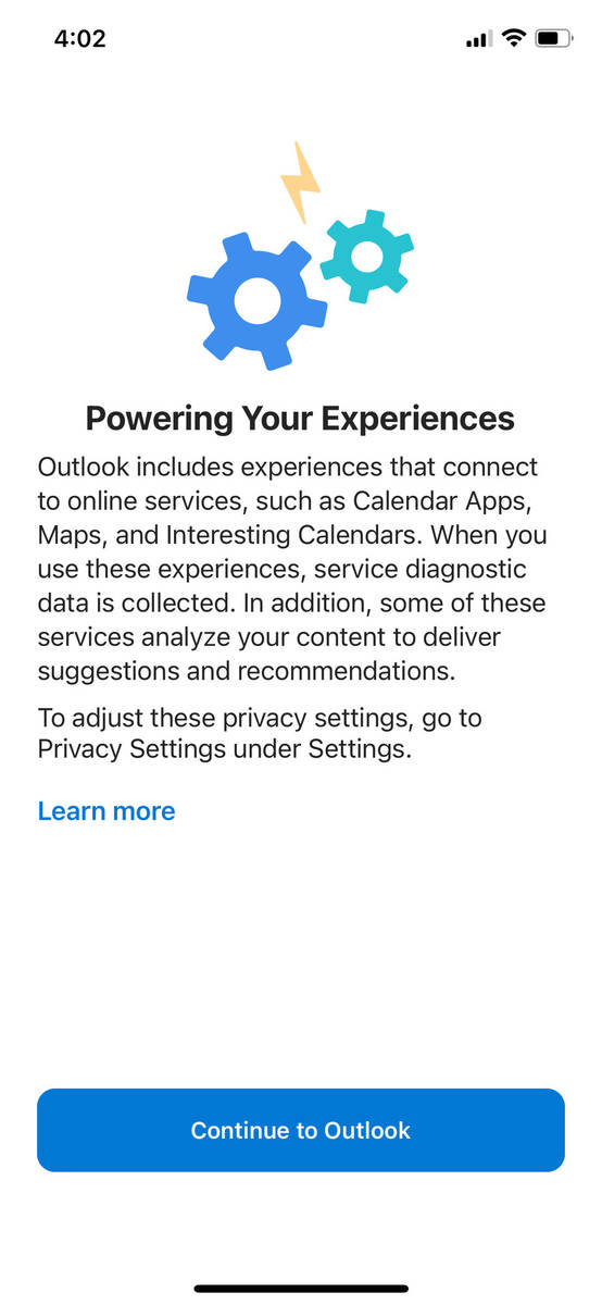 Step 7: Tap Continue to Outlook to start using your account.
