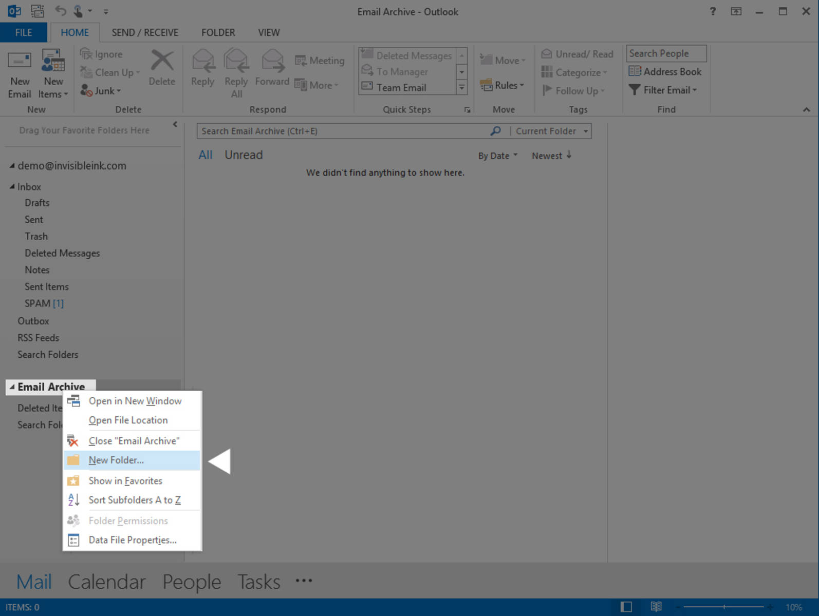 Step 5 » Right-click on the new Email Archive data file and choose New Folder to create an archive folder (i.e. Invisible Ink). 