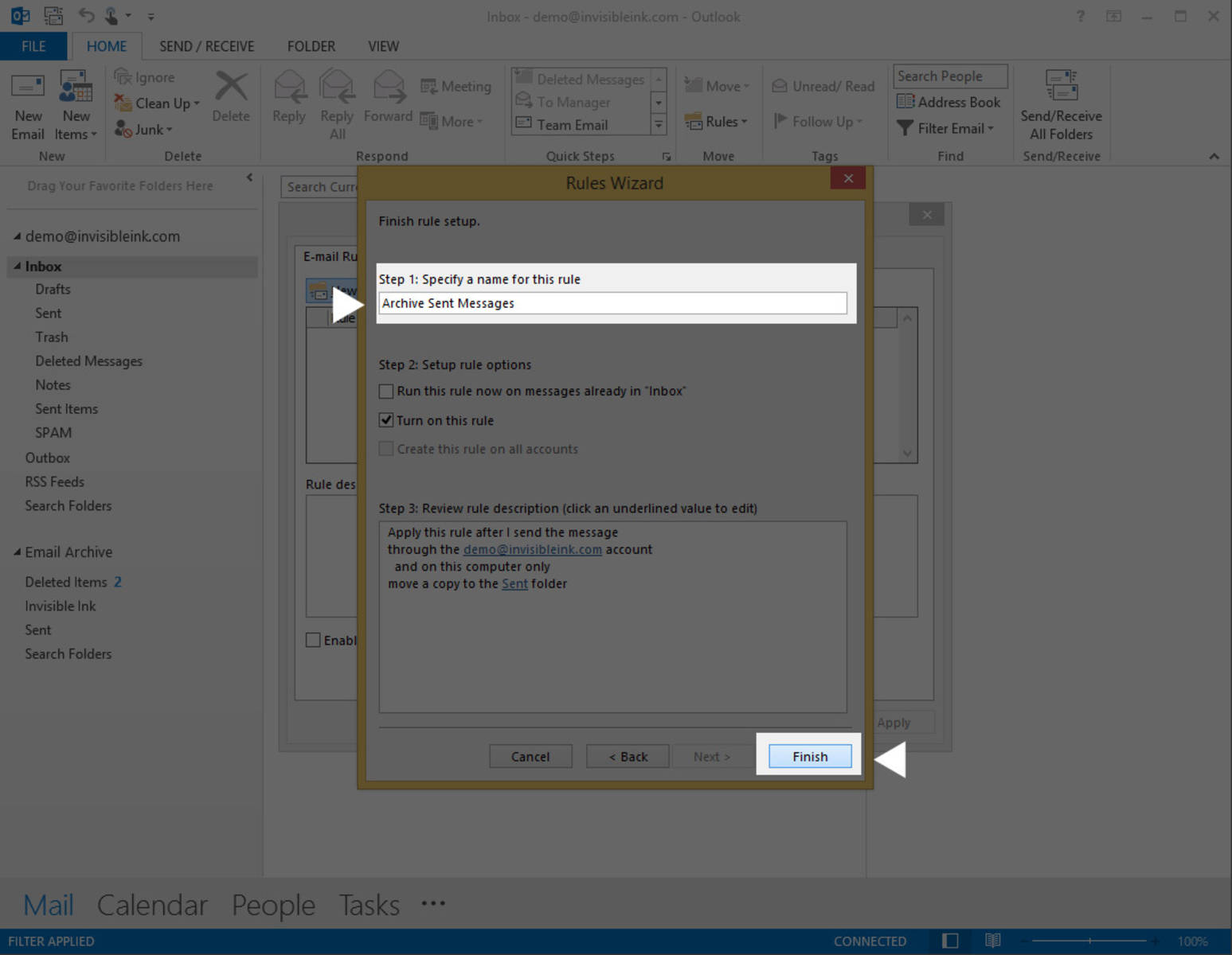 Part 1, Step 10: Name your new sent message archive rule, then click Finish.