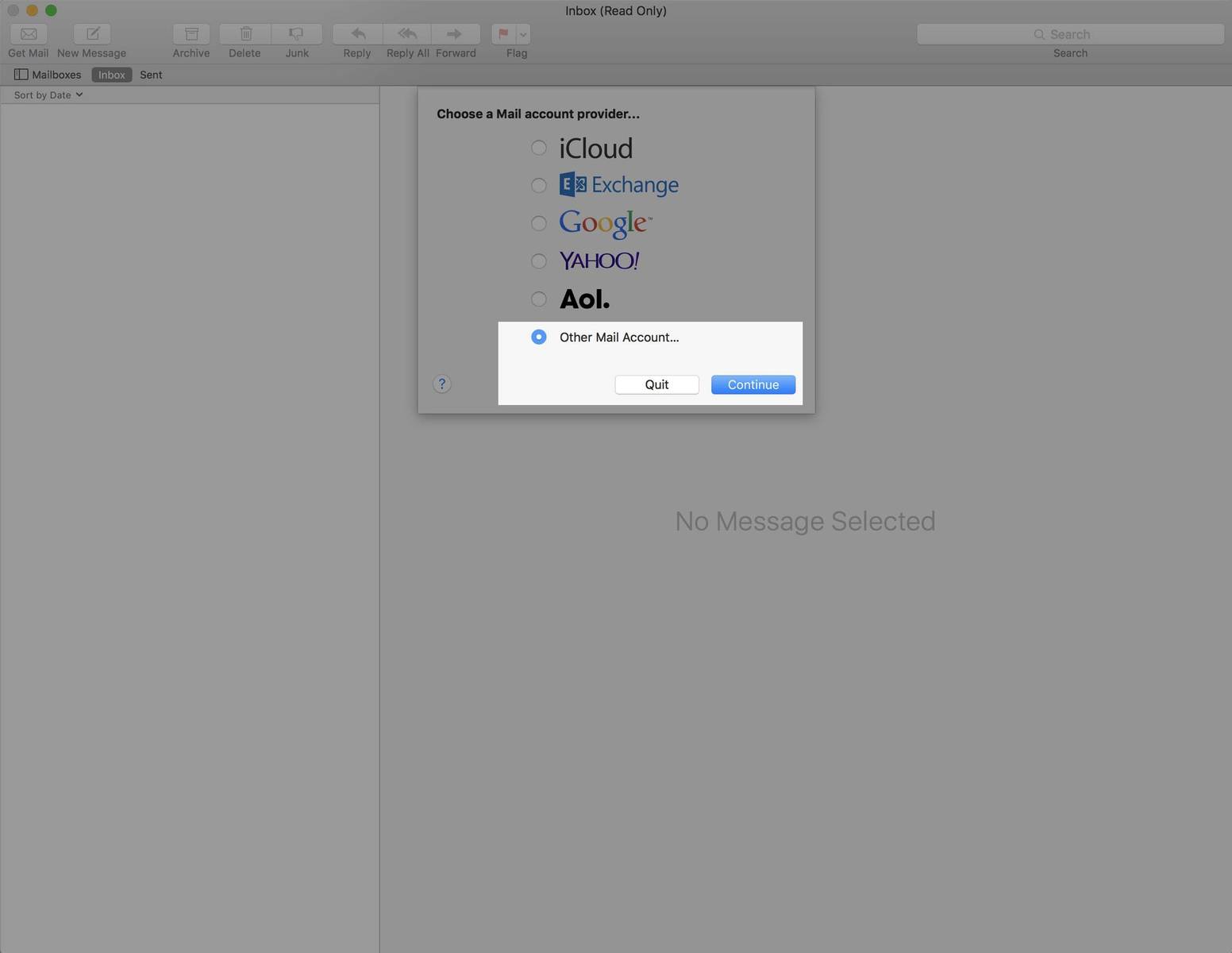 Step 1: Open Mail. When prompted to choose a mail account provider, select "Other Mail Account" and click Continue.