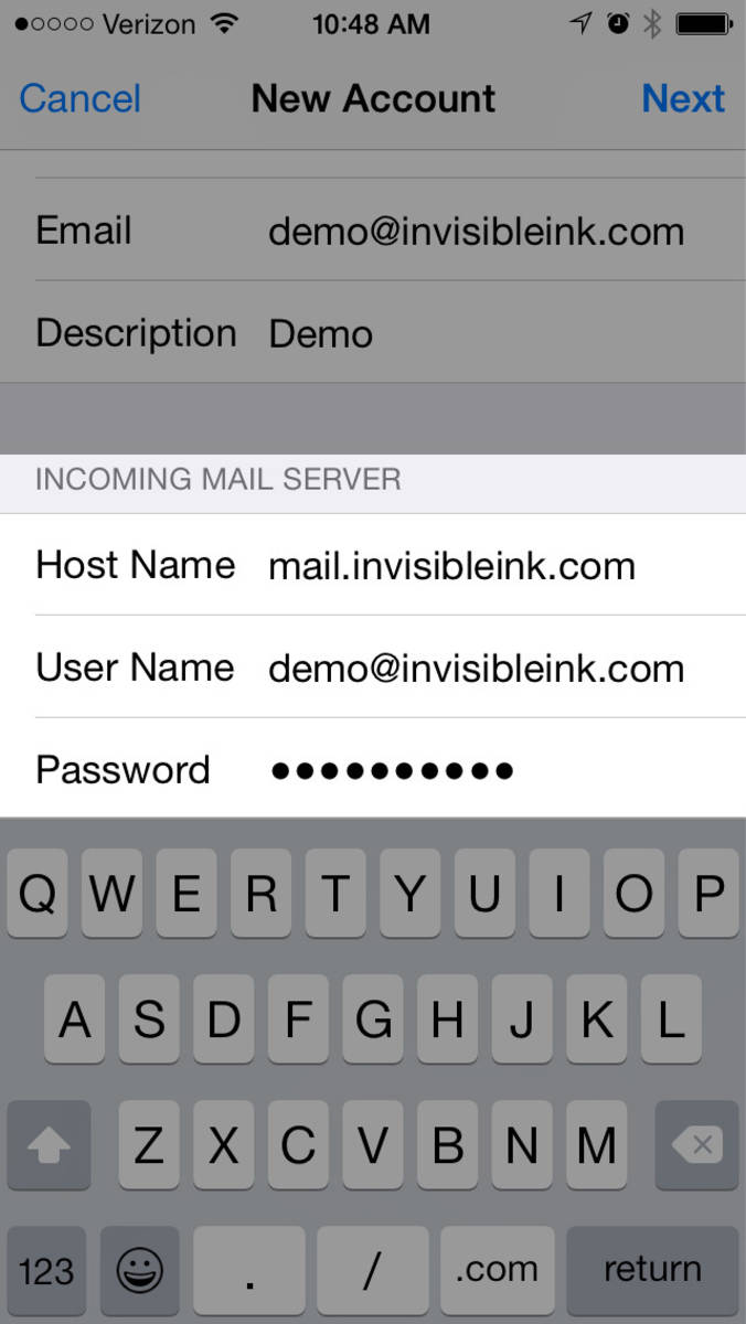 Step 7 » Enter the incoming mail server settings (substitute username and password for your own). Swipe down to continue.