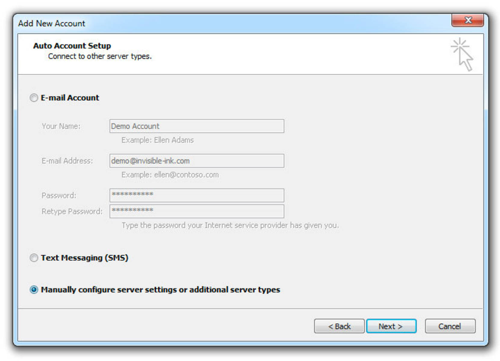 Step 2 » Select "Manually configure server settings or additional server types". Click Next.