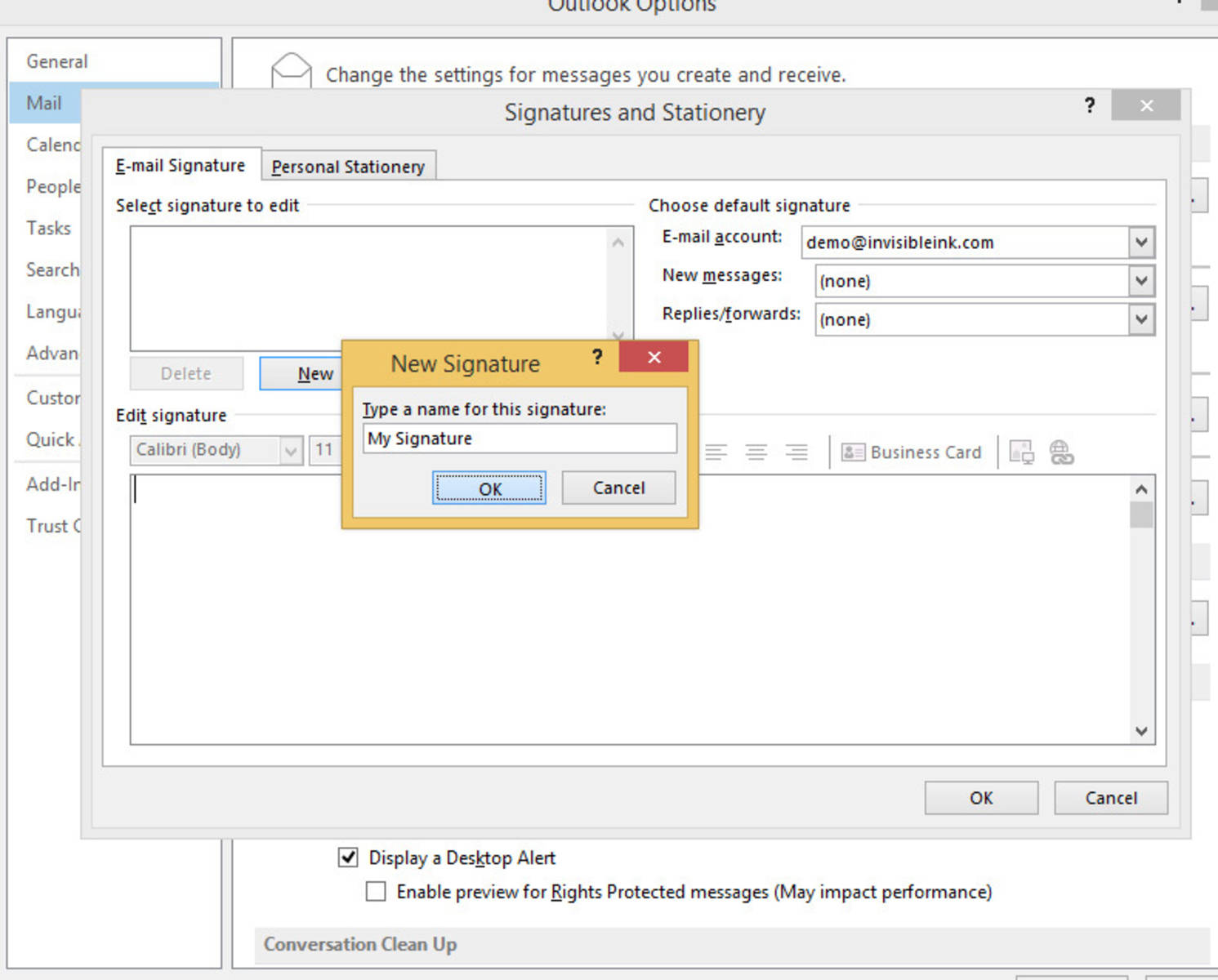 4 » Enter a name for your new signature and click OK
