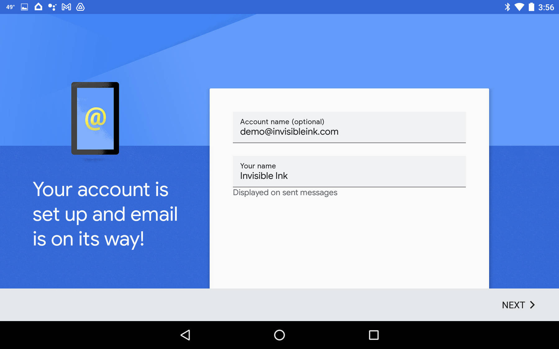 Your account has been successfully added. Tap next to begin using Gmail.