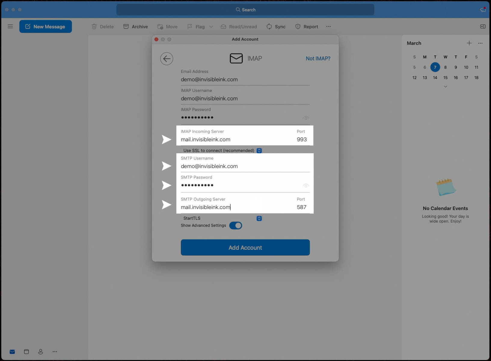 4) Enter mail.invisibleink.com for the IMAP Incoming Server and SMTP Outgoing server. Enter your email address (all lowercase) in the IMAP Username and SMTP Username fields. Click Add Account.