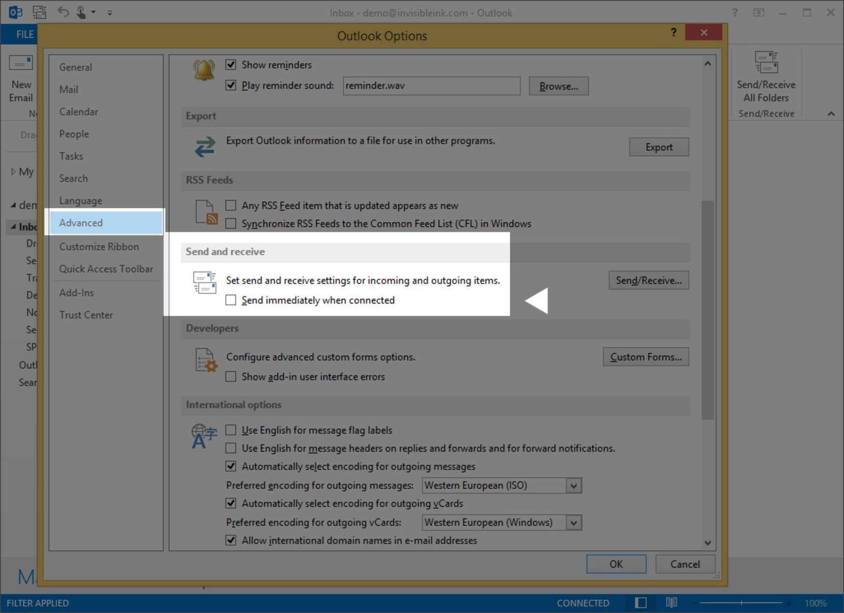 Step 2 » Select Advanced from the left-hand side of the Outlook Options window, then Scroll to the Send & Receive heading. Un-check the box labeled "Send immediately when connected". Click OK to close the Outlook Options window.