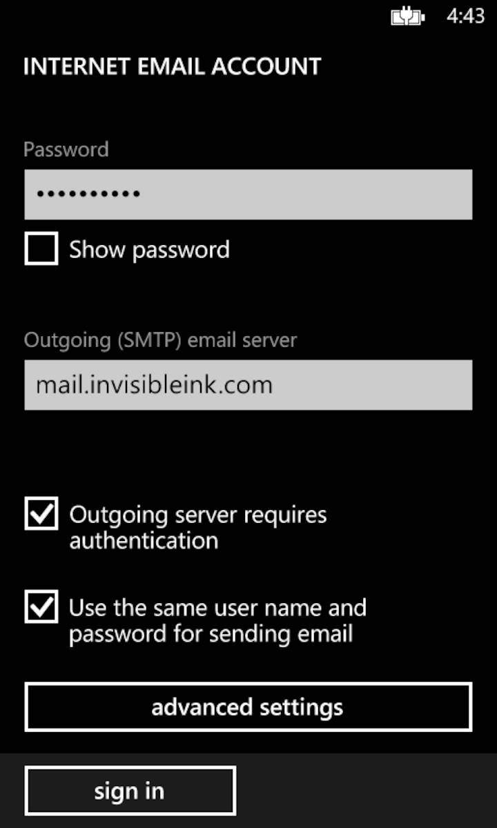 Step 7 » For Outgoing (SMTP) email server, enter mail.yourdomain.com Ensure the boxes are checked for both "Outgoing server requires authentication" and "Use the same user name and password for sending email". Tap "sign in"