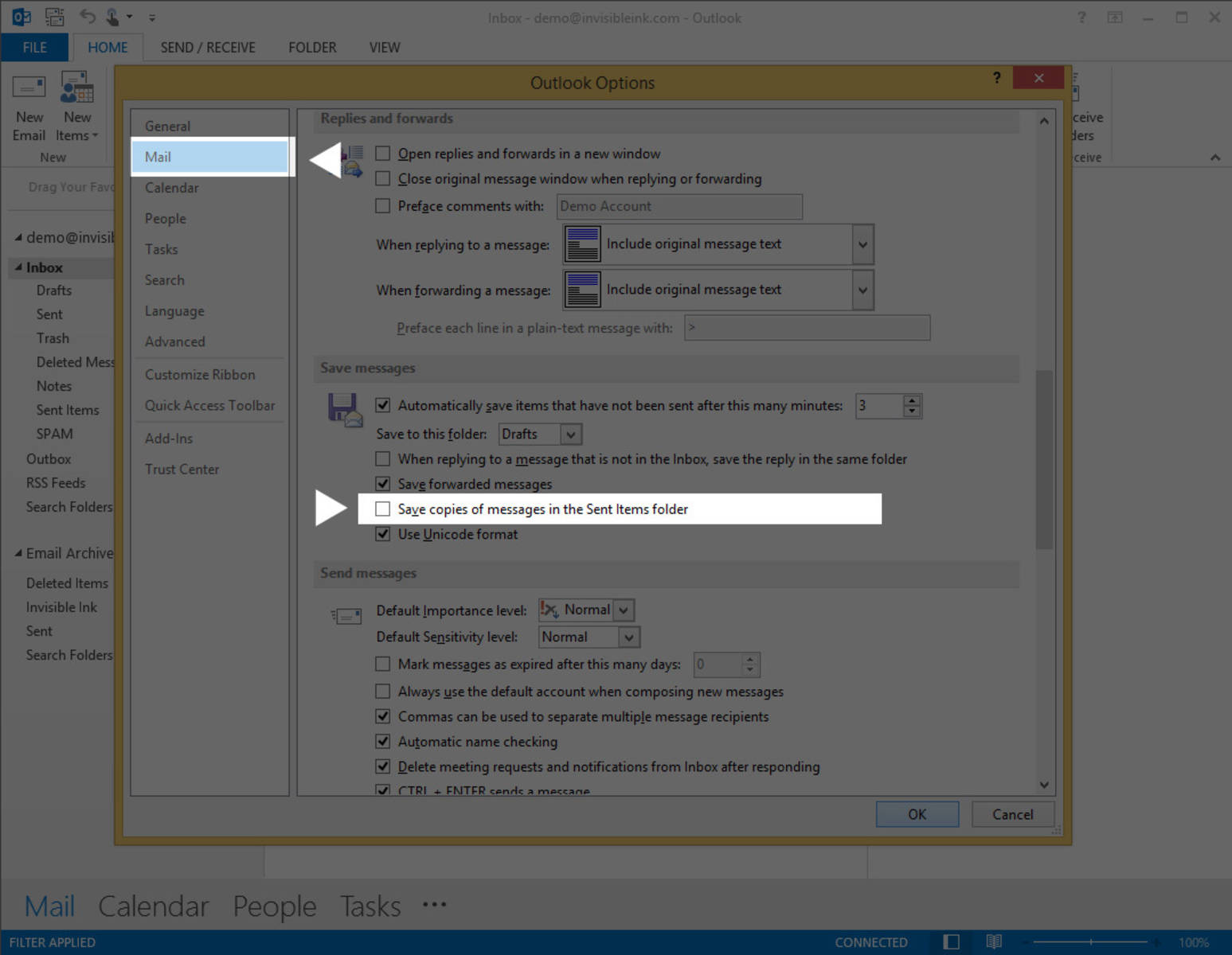 Part 2, Step 2: From the Mail tab, locate the heading titled Save Messages. Uncheck the box next to “Save copies of messages in the Sent Items folder”, then click OK.