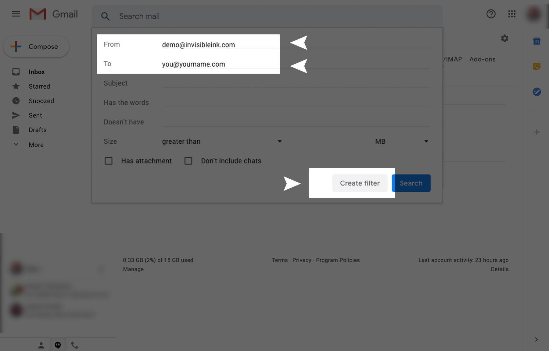 4) Enter the email address you would like to whitelist in the From field followed by your email address in the To field, then select Create Filter.