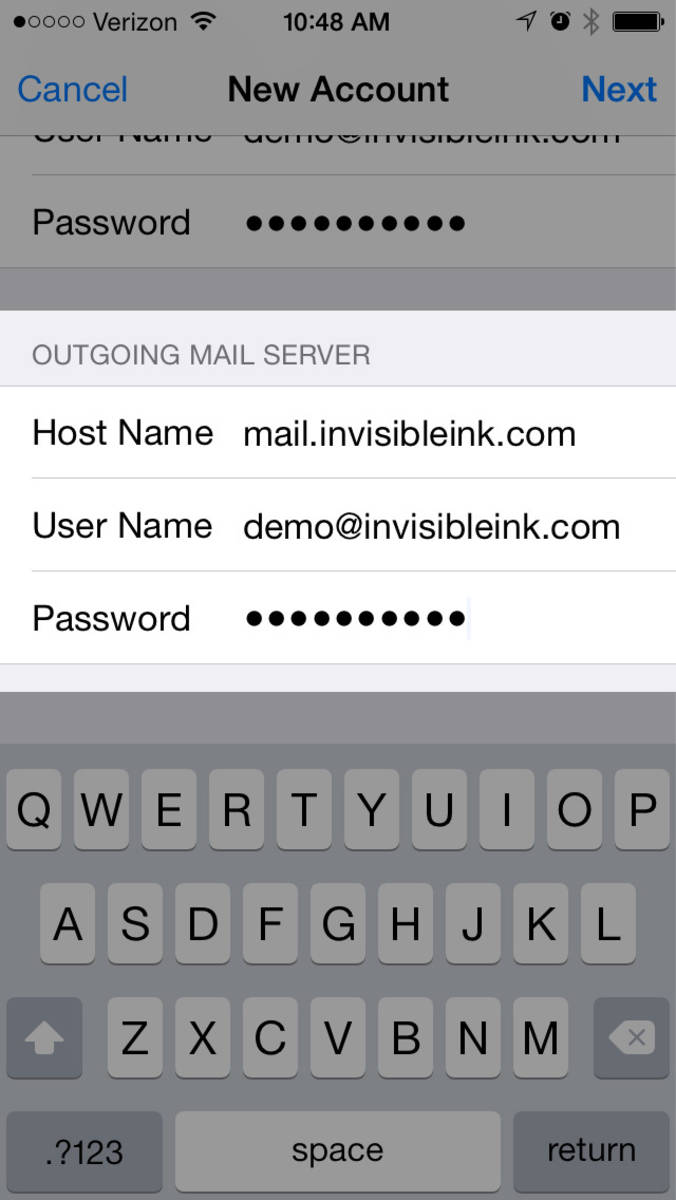 Step 8 » Enter the outgoing mail server settings (substitute username and password for your own). Tap "Next" to verify your account.
