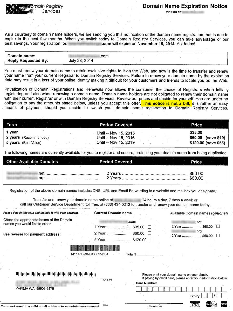 Fake domain name renewal invoice from Domain Registry Services