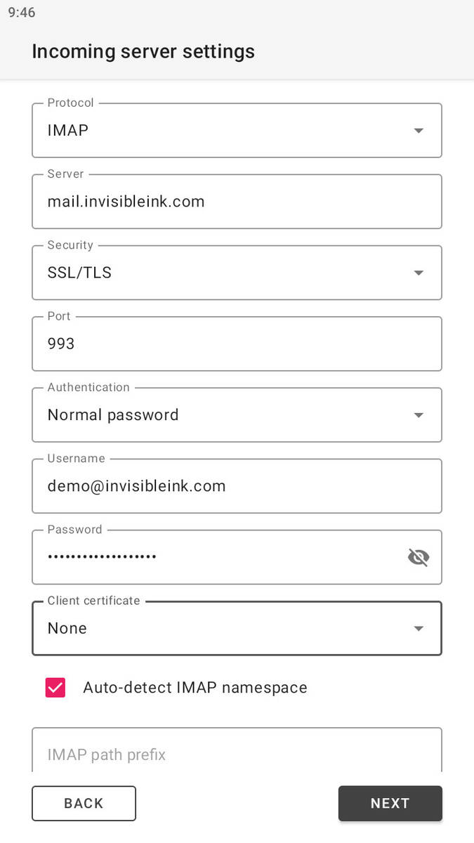 Step 4: Enter your incoming mail settings, then tap next.