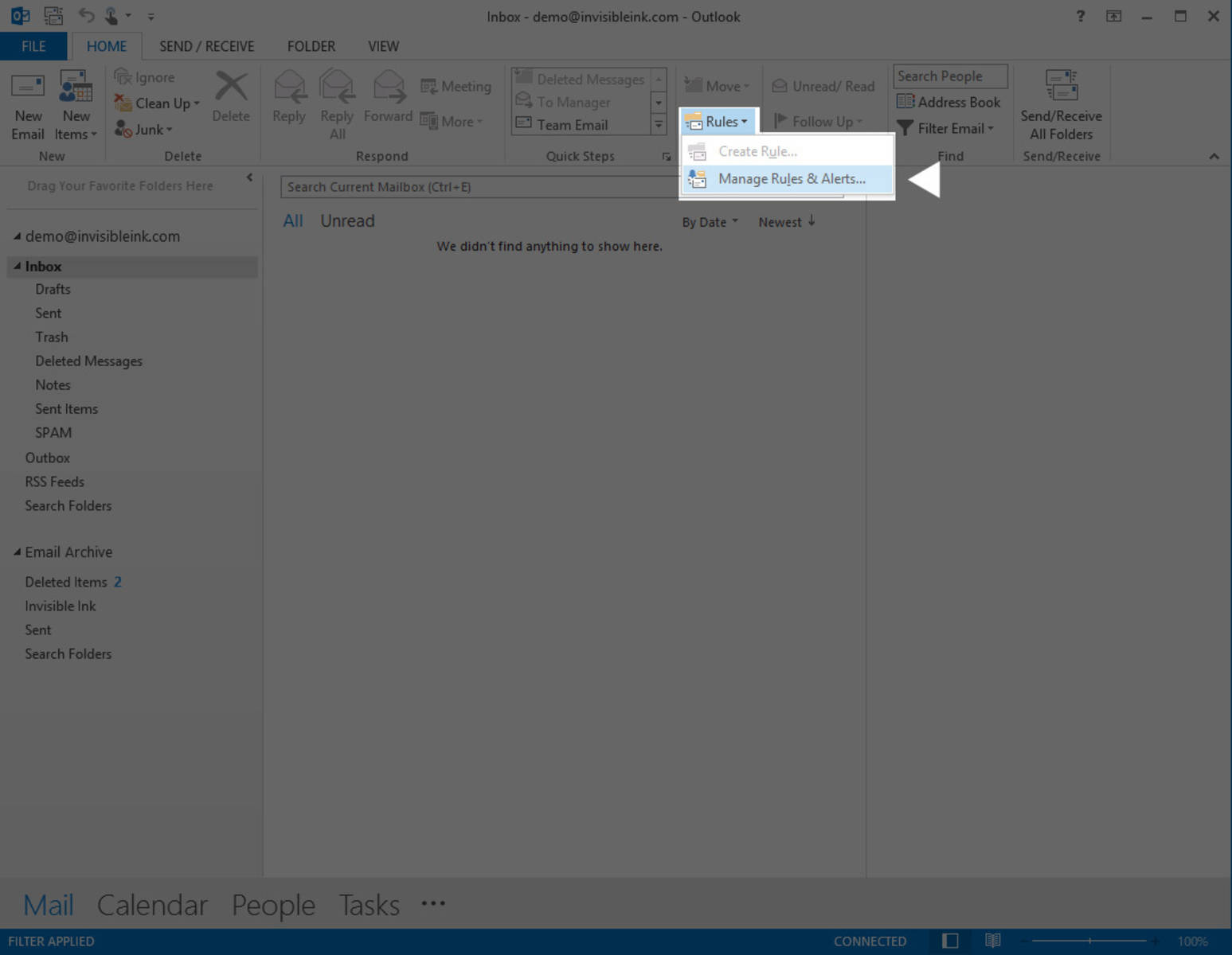 Part 1, Step 1: Open Outlook 2013 and select Manage Rules & Alerts from the Home tab.