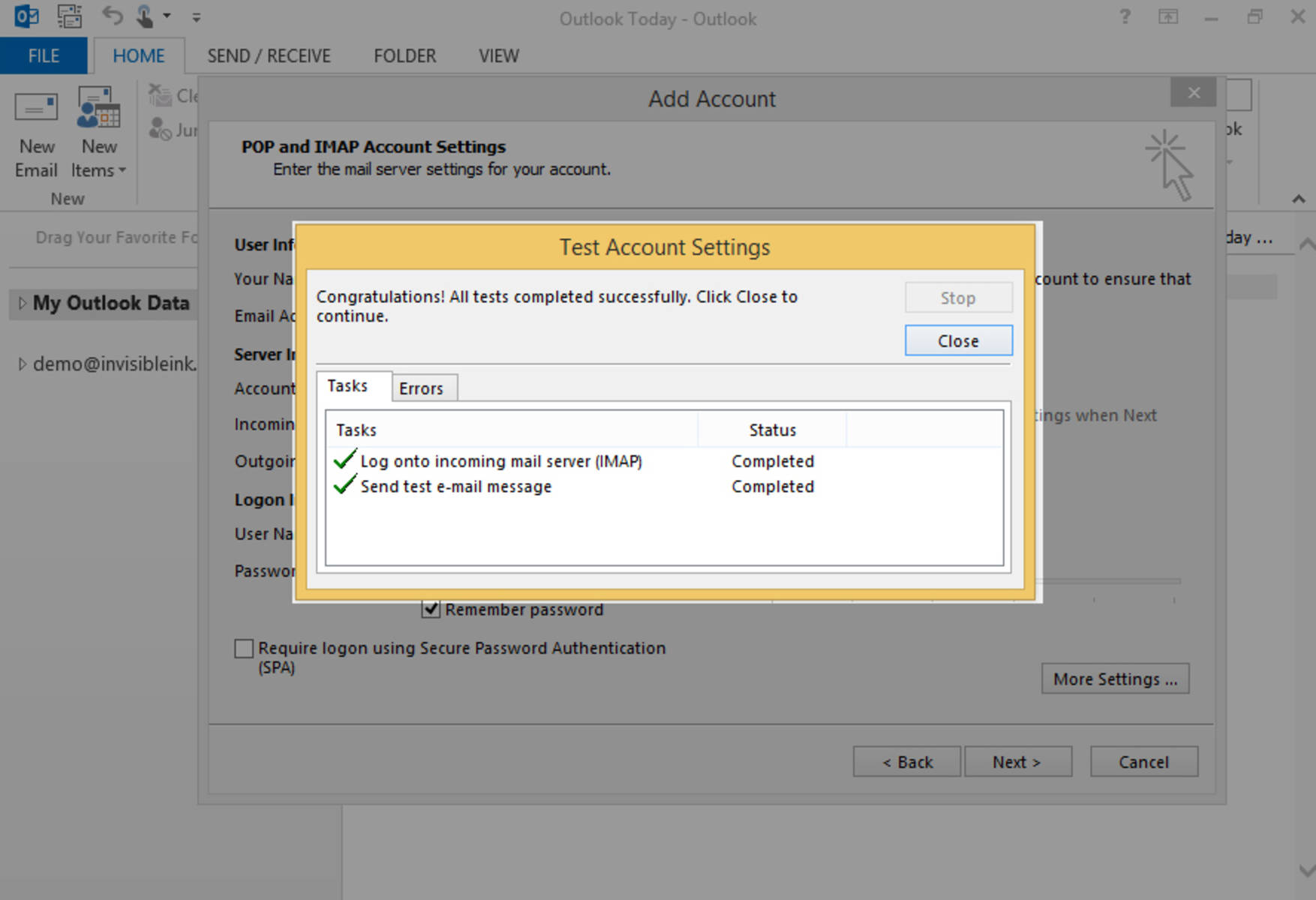 Step 7: Click "Next" to test your account settings. When Outlook has completed the test, click "Close" to access your new mail account.
