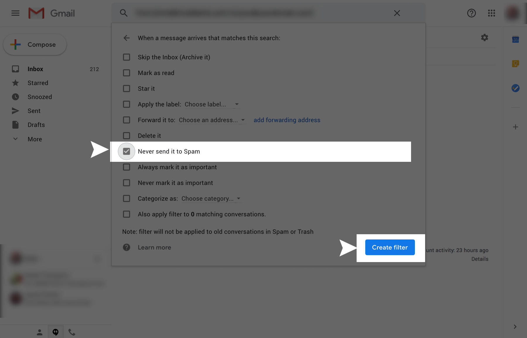 5) Check the box marked “Never send it to Spam”, then select Create Filter to save the new filter.