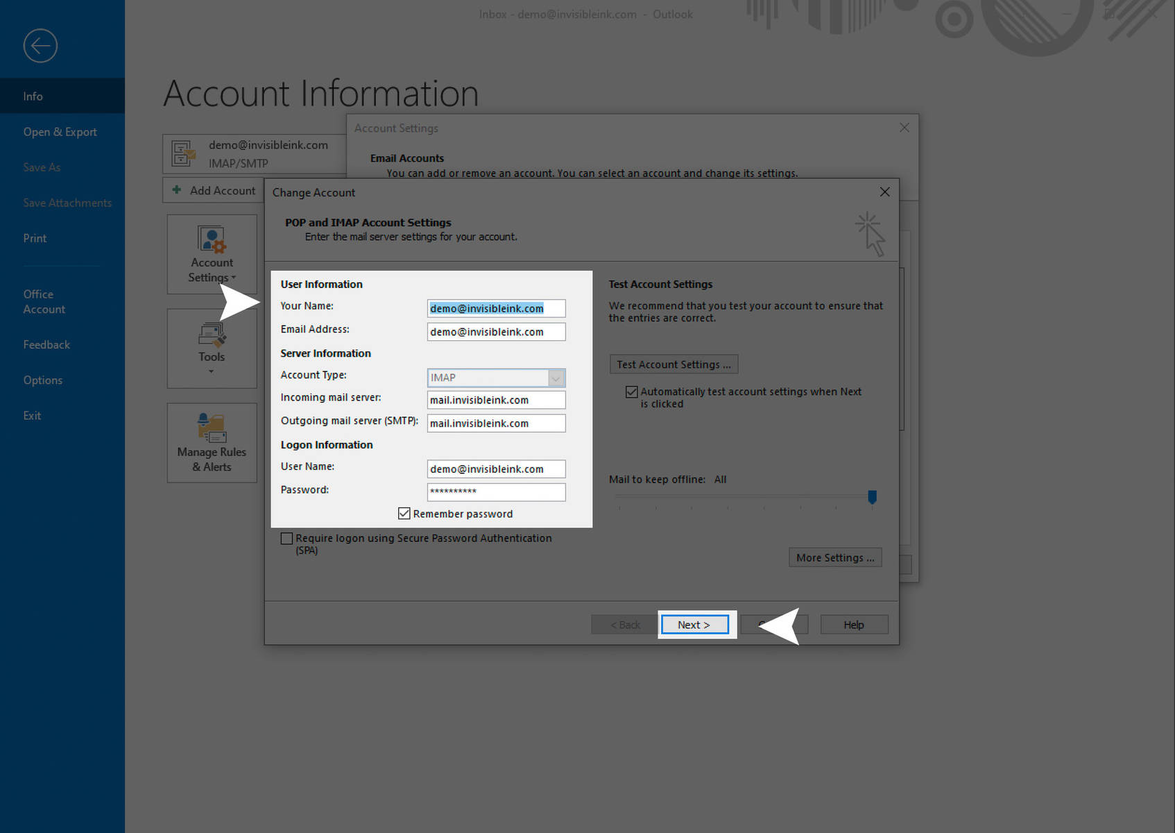 5)	Update your account settings as needed, then click Next to save changes.