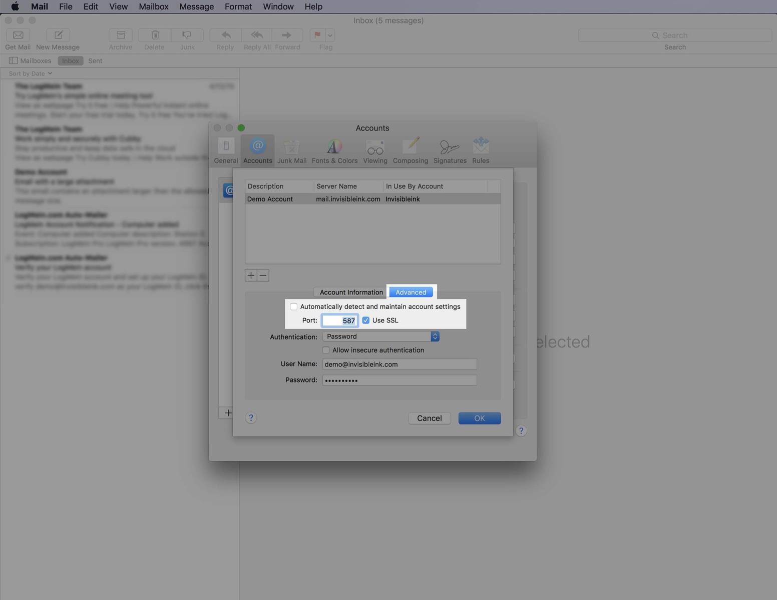 Step 8: Click the Advanced tab and un-check the checkbox labeled "Automatically detect and maintain account settings", then change the Port number from 25 to 587. Click OK to close the outgoing server settings window.