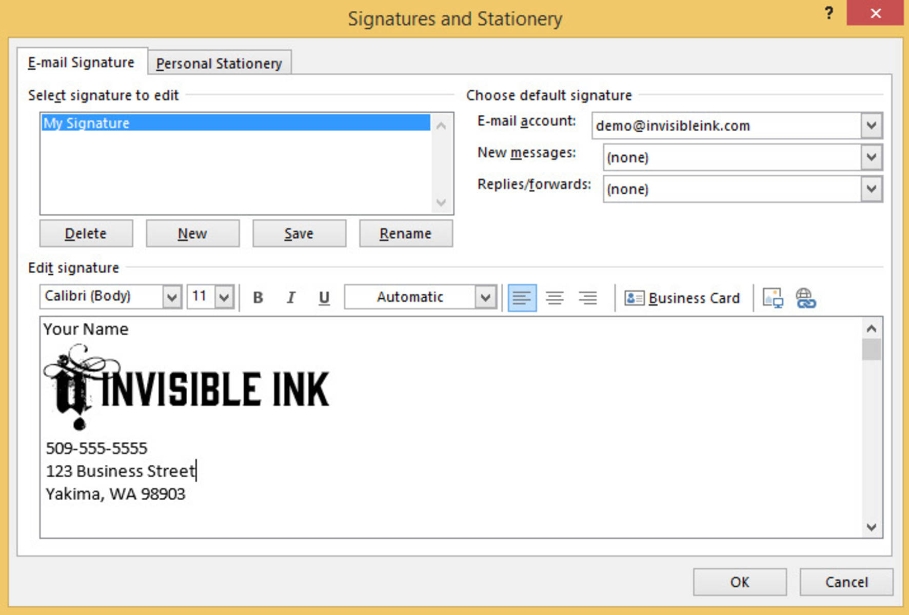 7 » Enter any additional text you would like to include with your signature image and click OK to save your changes. Click OK again to close the Options window.