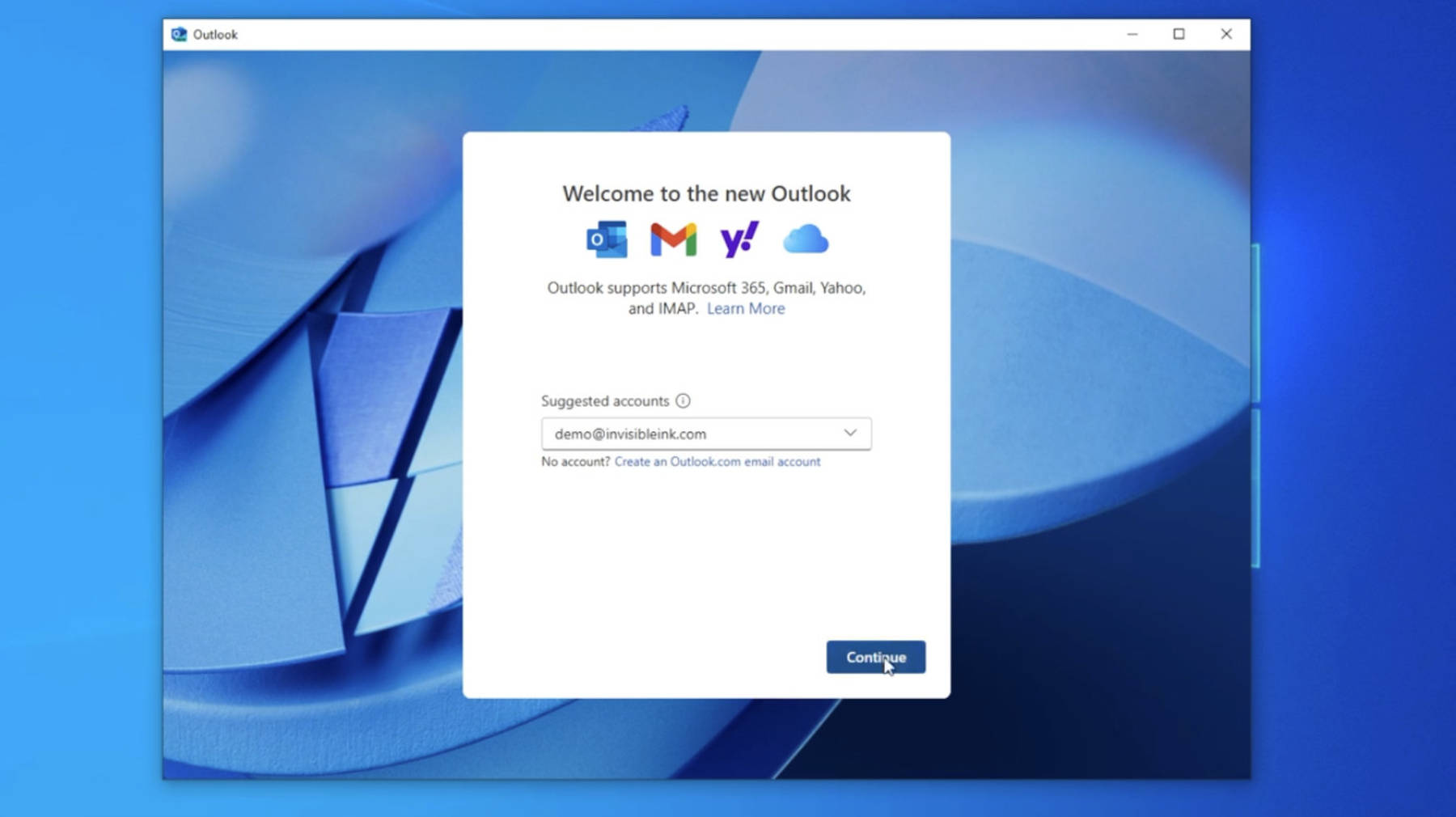 Step 2: Microsoft will attempt to discover your email address. If the app doesn’t automatically find the correct address, enter your email address in the suggested accounts field, then click Continue. If you've already used the new Outlook for another account, click the gear icon at the top of the app and choose Add Account.