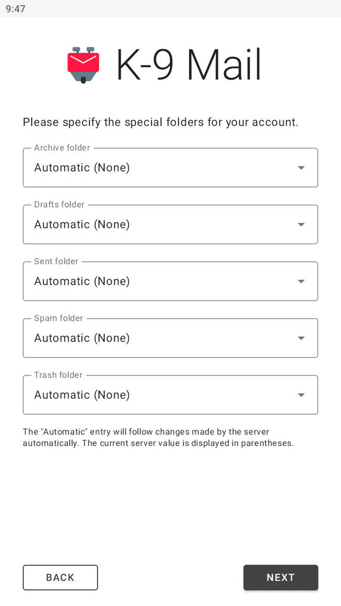 Step 6: Specify special folders, if desired (we recommend leaving all set to Automatic), then tap next. 