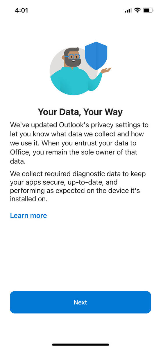 Step 5: Tap Next to proceed past the Outlook privacy settings notice.