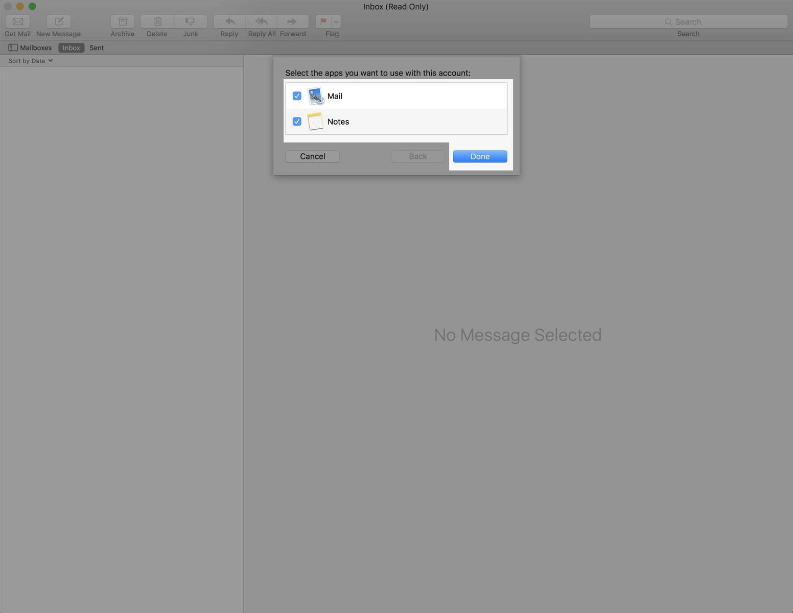 Step 4: Mail will verify your settings. Click Done to view your inbox.