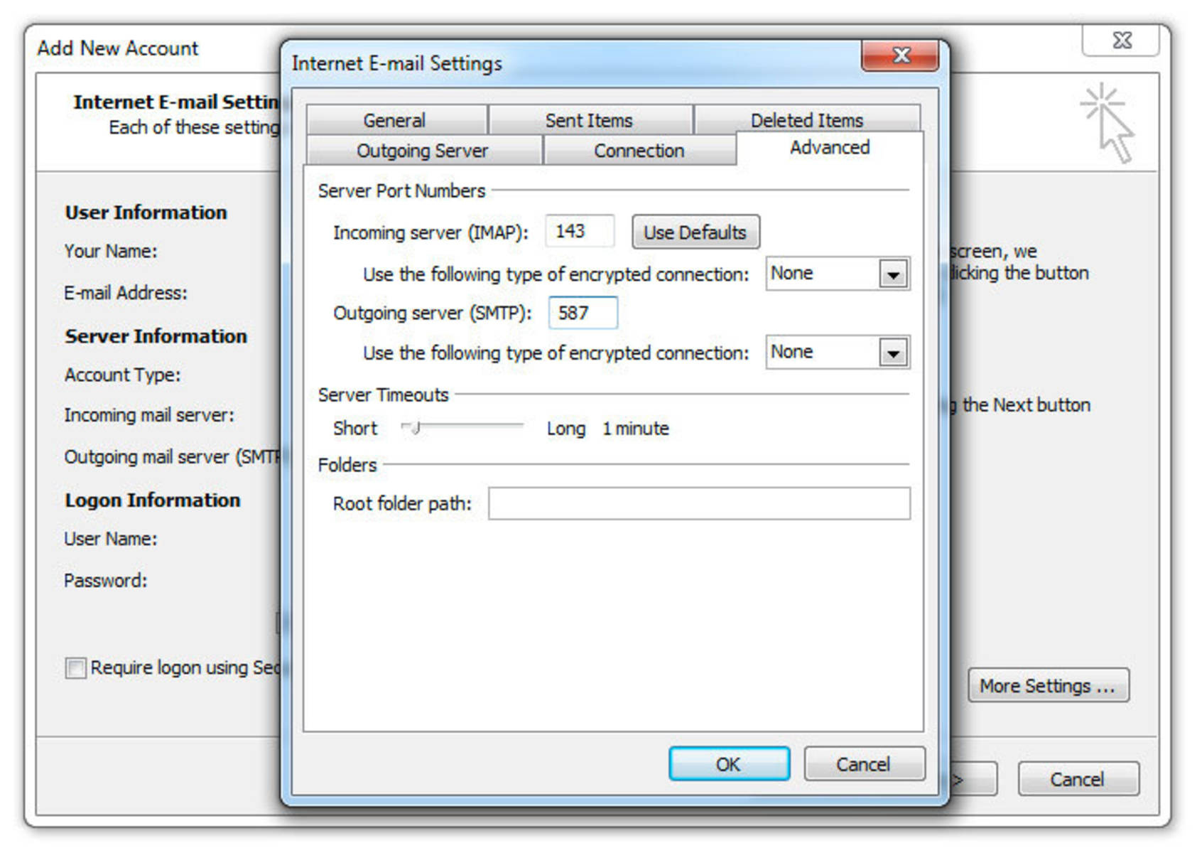 Step 6 » Select the Advanced tab and change the Outgoing server (SMTP) port number to 587. Click OK.