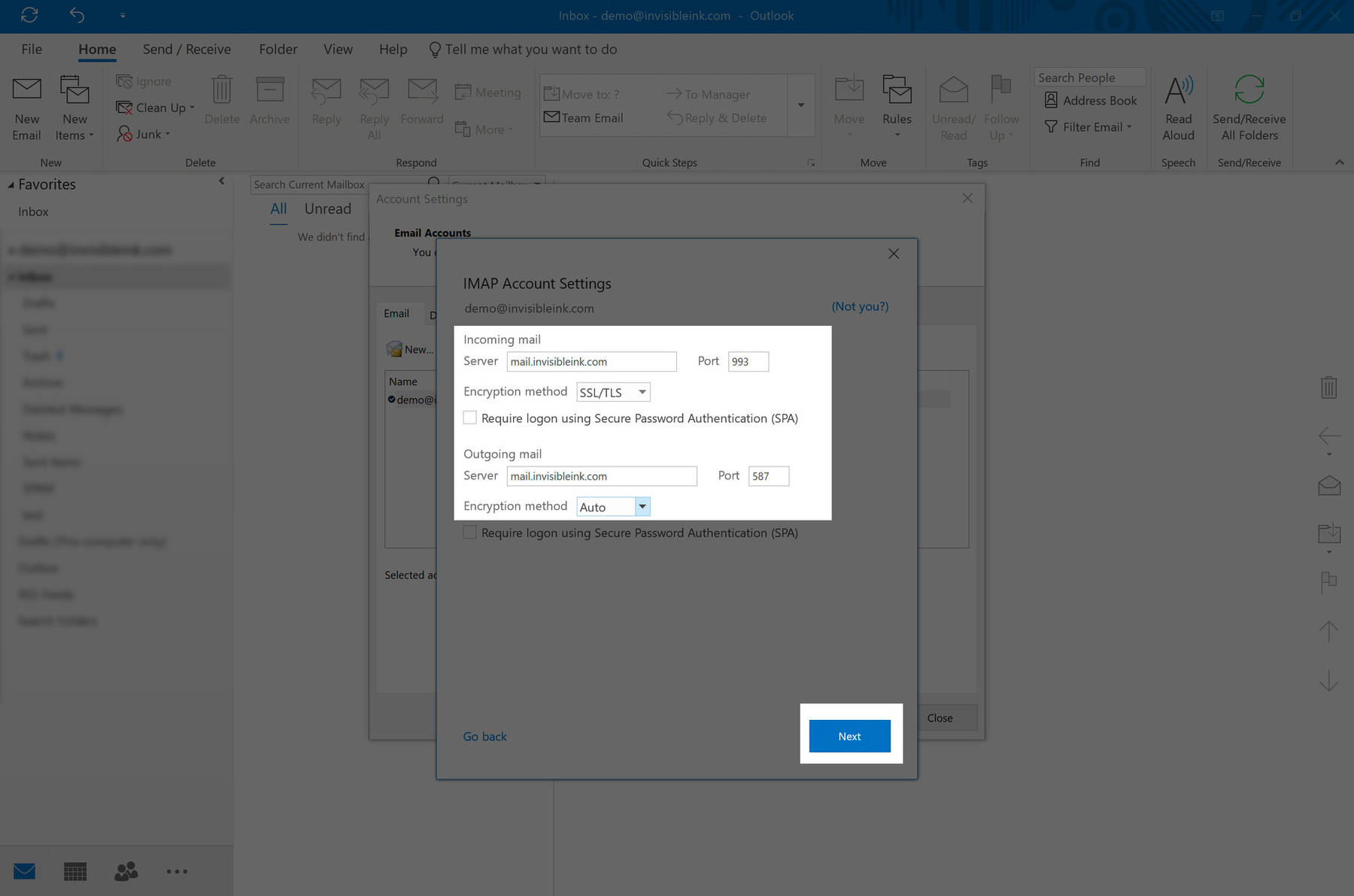 Step 4: Enter mail.invisibleink.com for the Incoming and Outgoing mail server address. Use SSL/TLS for the Incoming encryption method with Port 993, and Auto with port 587 for Outgoing mail. Click Next to proceed. 