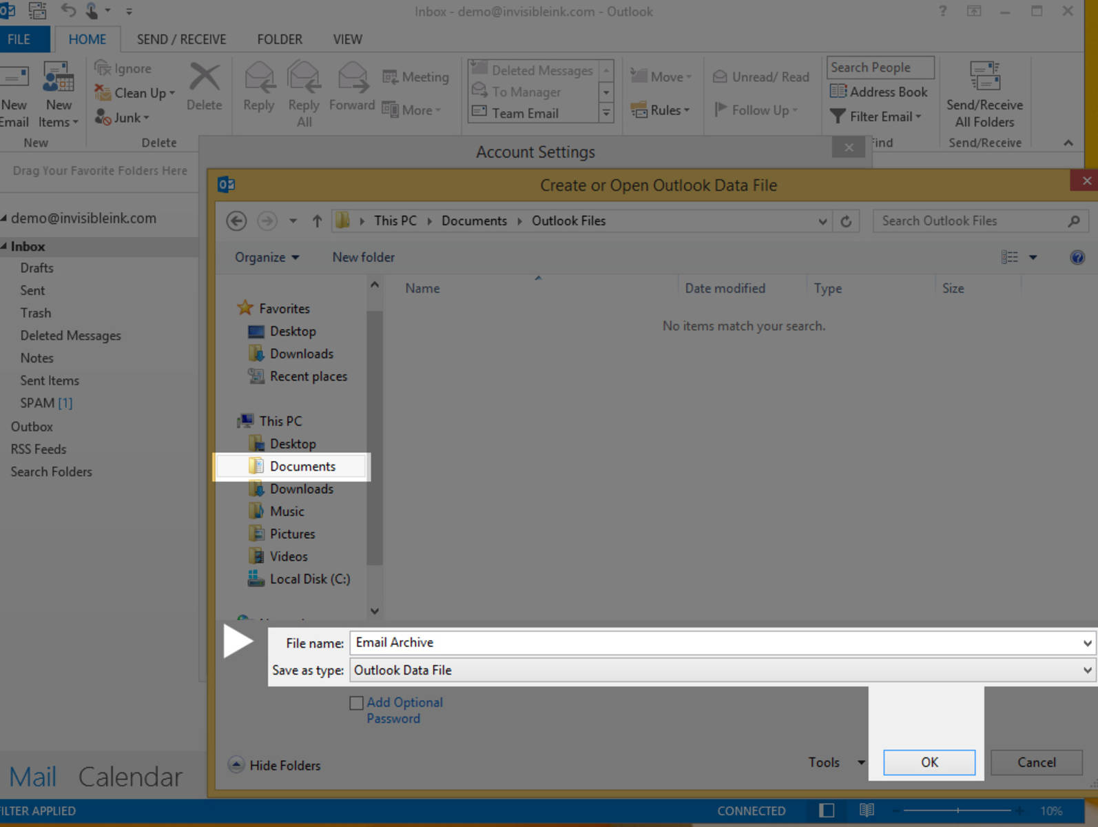 Step 3 » Create a new file called Email Archive. Click OK to save this file to your computer (we chose the My Documents folder).