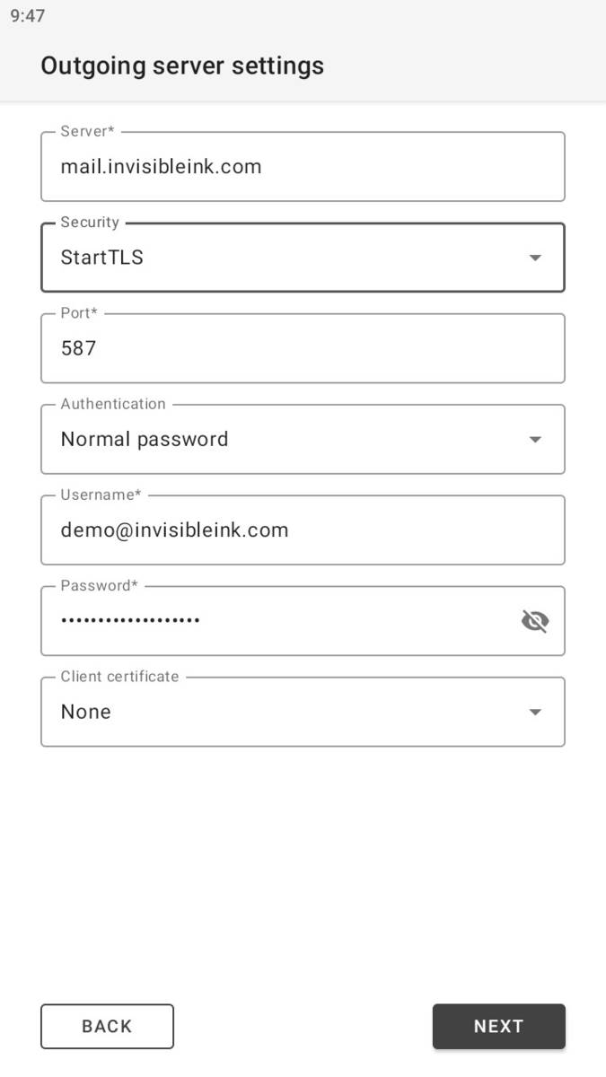 Step 5: Enter your outgoing mail settings, then tap next.