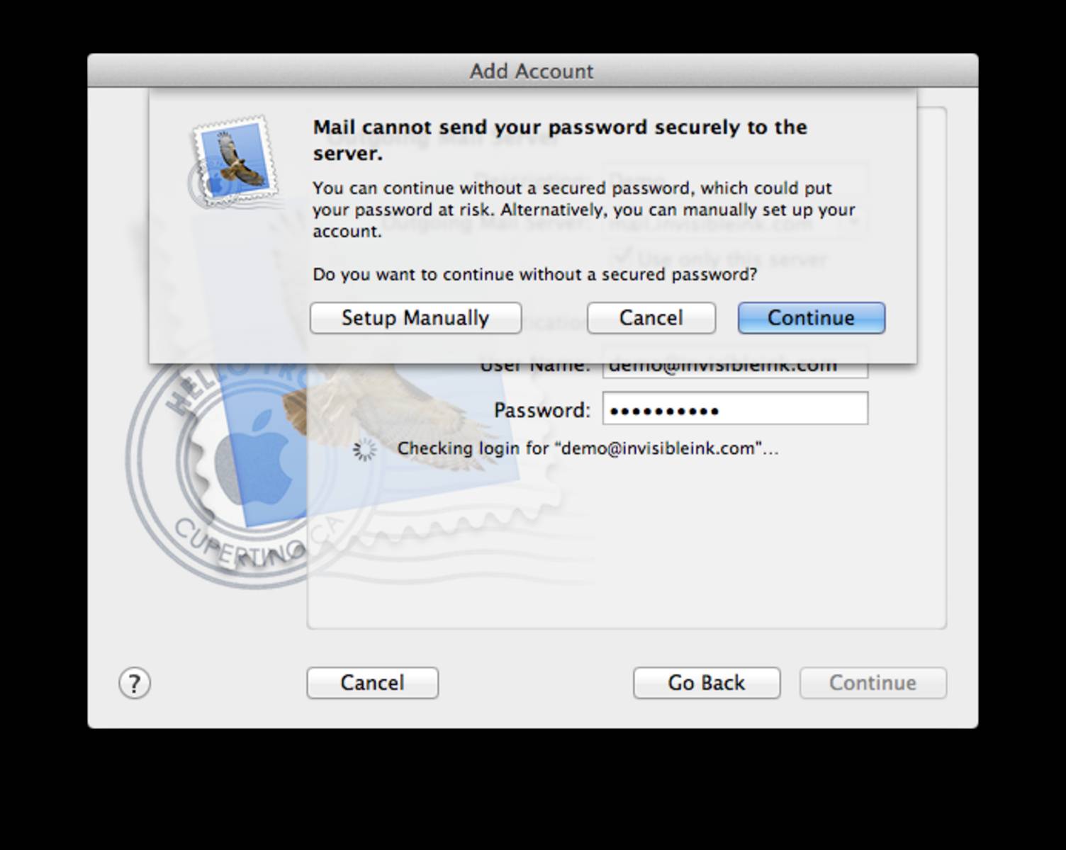 You will receive a password security warning. Click Setup Manually.