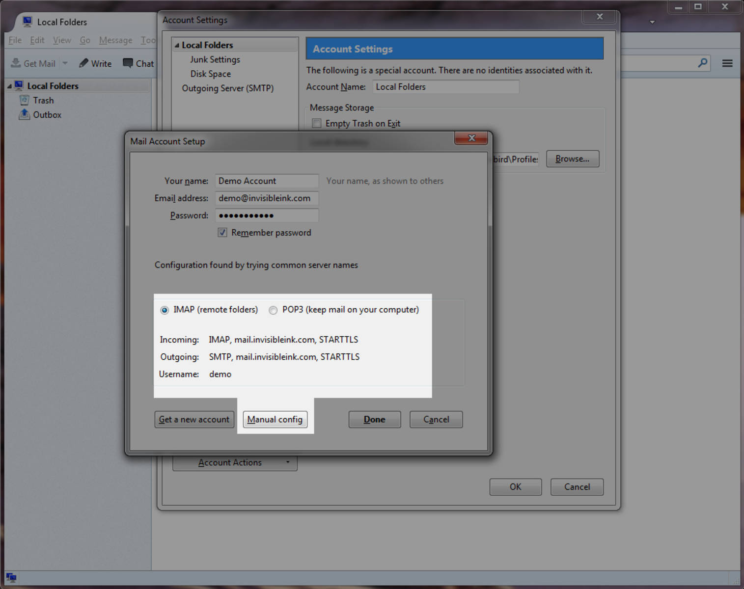 Step 4 » Thunderbird will attempt to configure your account. When prompted, click Manual Config to enter additional settings.