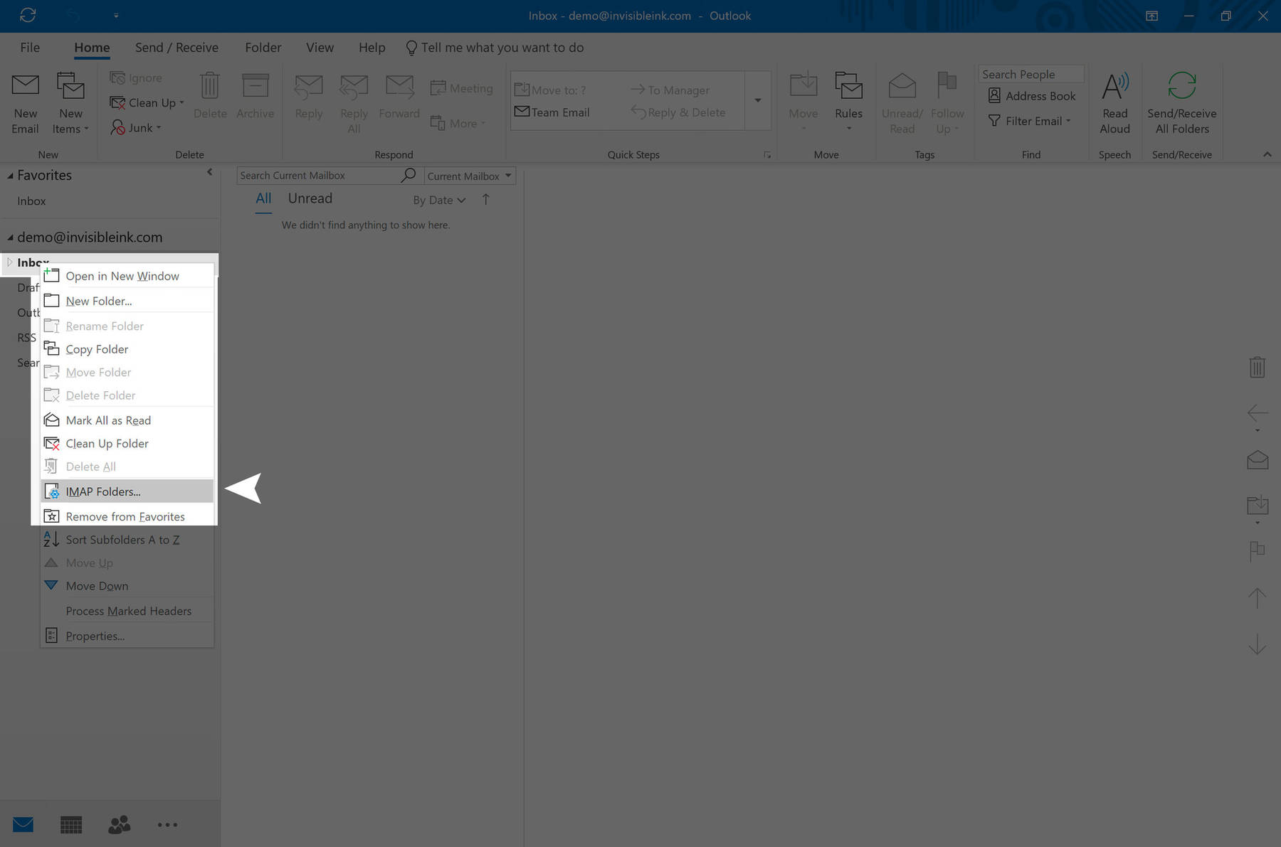 Step 6: Your new account is almost ready to go. Right-click on the Inbox for your new account and choose IMAP Folders.