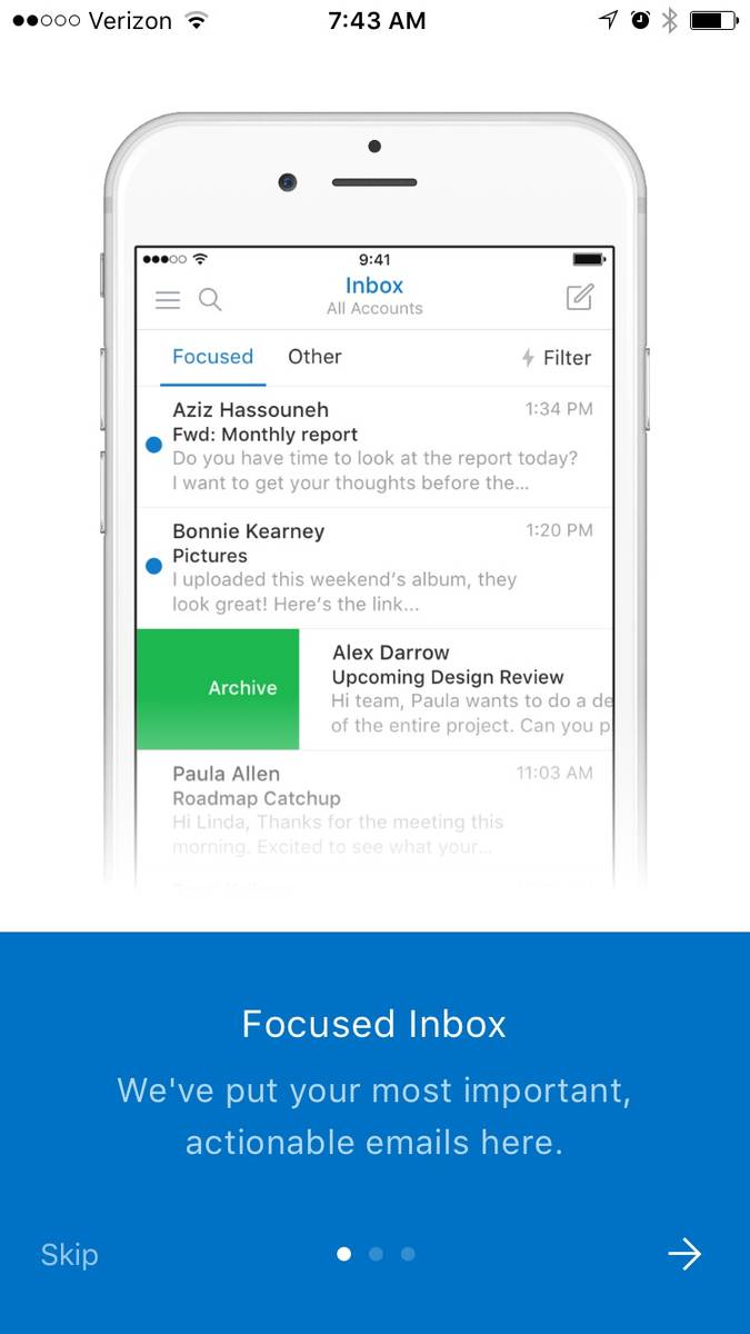 Step 6: Swipe through the overview slides, or tap the arrow to continue to your new inbox.