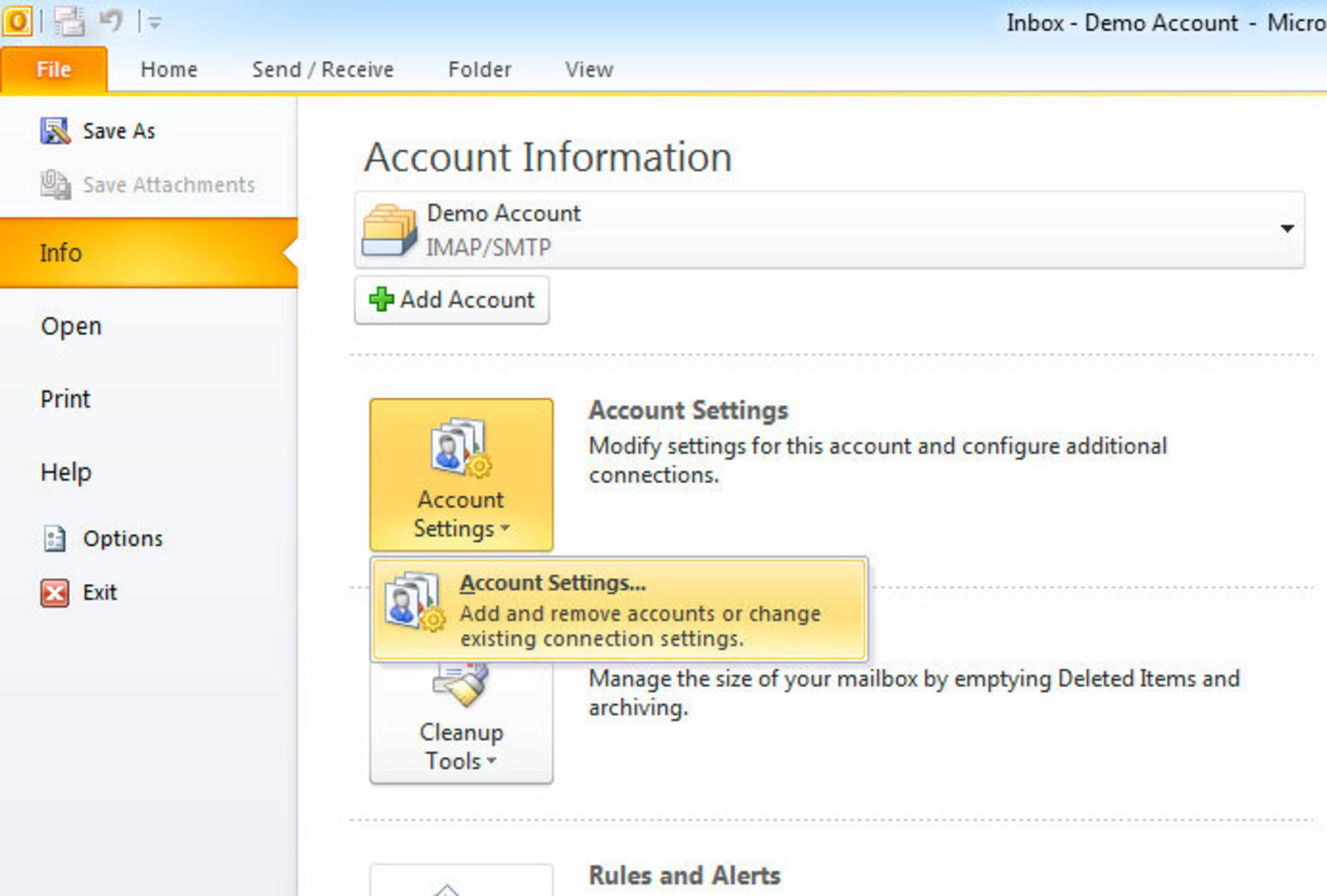 Step 1 » From the File menu, select Info and choose "Account Settings".