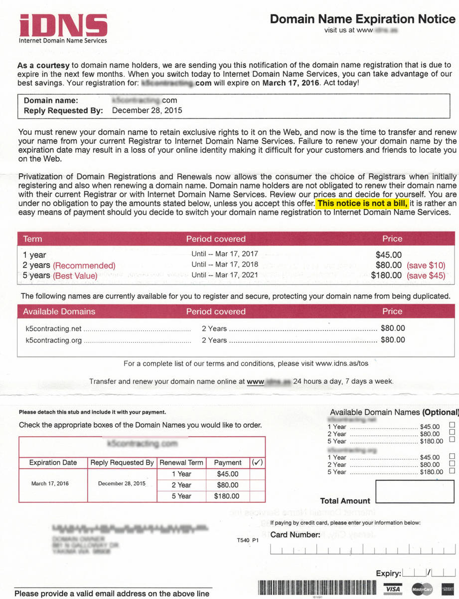 Fake domain name renewal invoice from iDNS