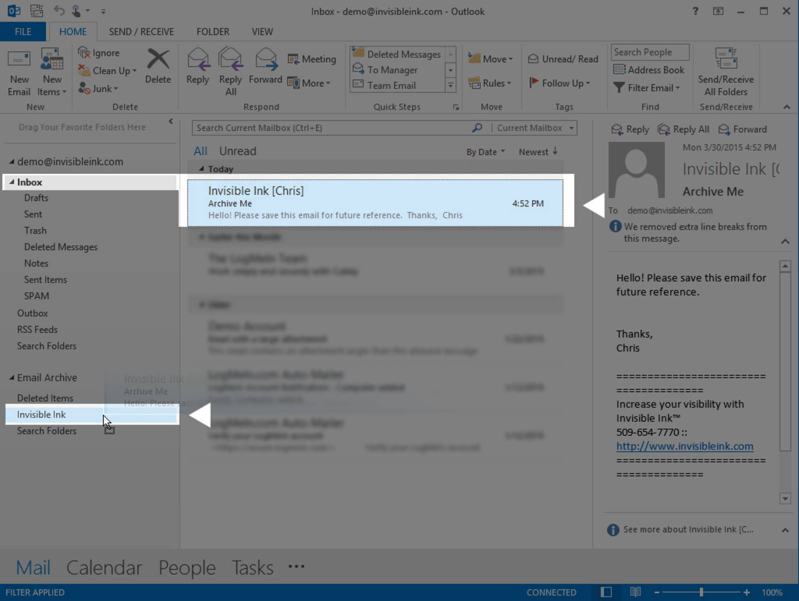 Step 6 » Once your new archive folder has been created, drag & drop any emails you no longer need to keep on the server to the new Email Archive folder. 
